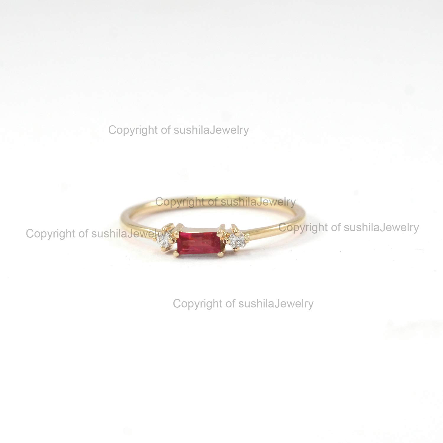 14K Solid Gold Natural Ruby Gemstone Baguette Ring - Elegant Wedding Band for Women, Minimalist Diamond Engagement Ring, Dainty Stackable Jewelry | Perfect for Anniversaries, Proposals & Everyday Wear