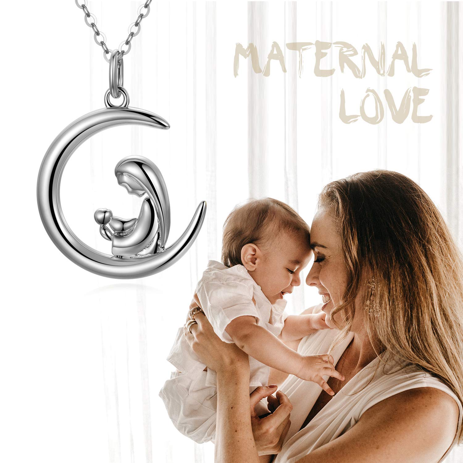 14K Gold Mother Necklace for Women - Elegant Dainty Gold Mother & Child Love Crescent Moon Pendant - 16