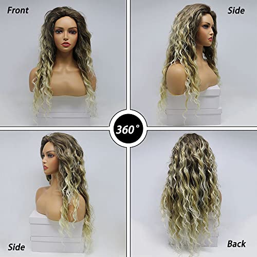 Curly Blonde Brown Reverse Ombre Wig - Long Synthetic Hairpiece for Cosplay, Halloween & Daily Fashion