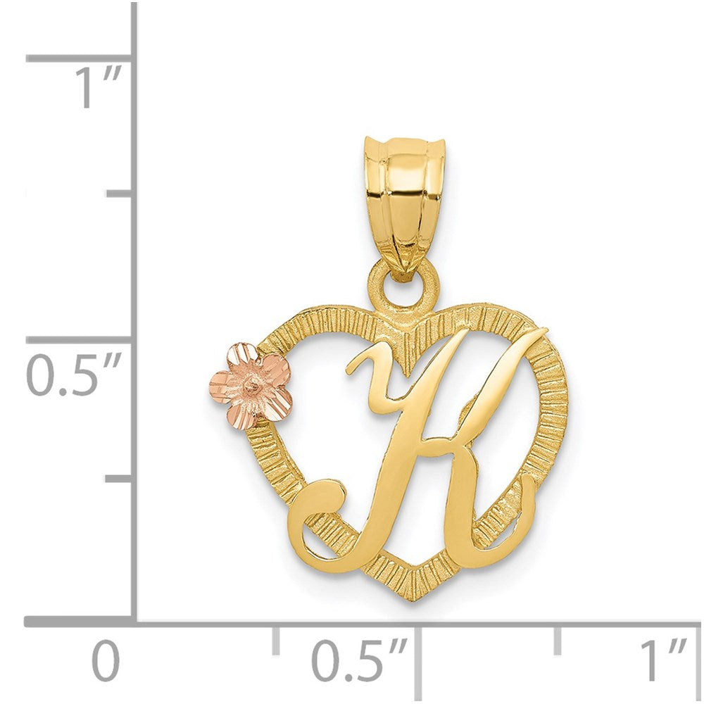 14K Gold Script Letter 'K' Heart Charm Pendant with Floral Accent - Perfect for Necklaces, Bracelets & Personalized Jewelry Gifts