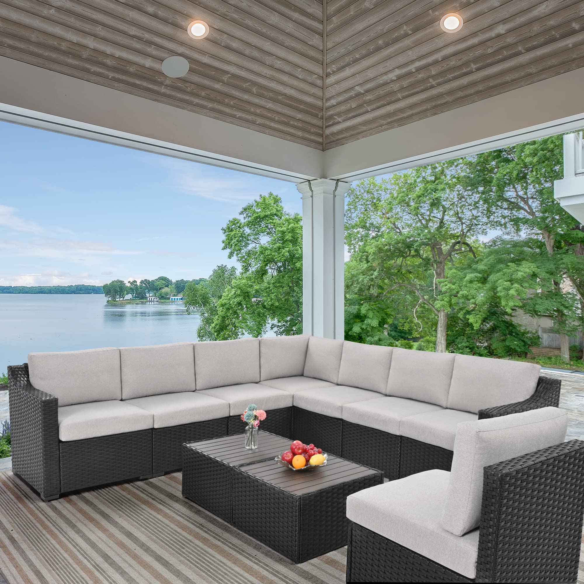 HAPPATIO 10-Piece All-Weather Patio Conversation Set - Brown/Gray Rattan Wicker Outdoor Sectional Sofa with Thick Cushions, Multiple Configuration Options & Easy Setup - Perfect for Backyard, Garden, Poolside & Outdoor Lounge Areas