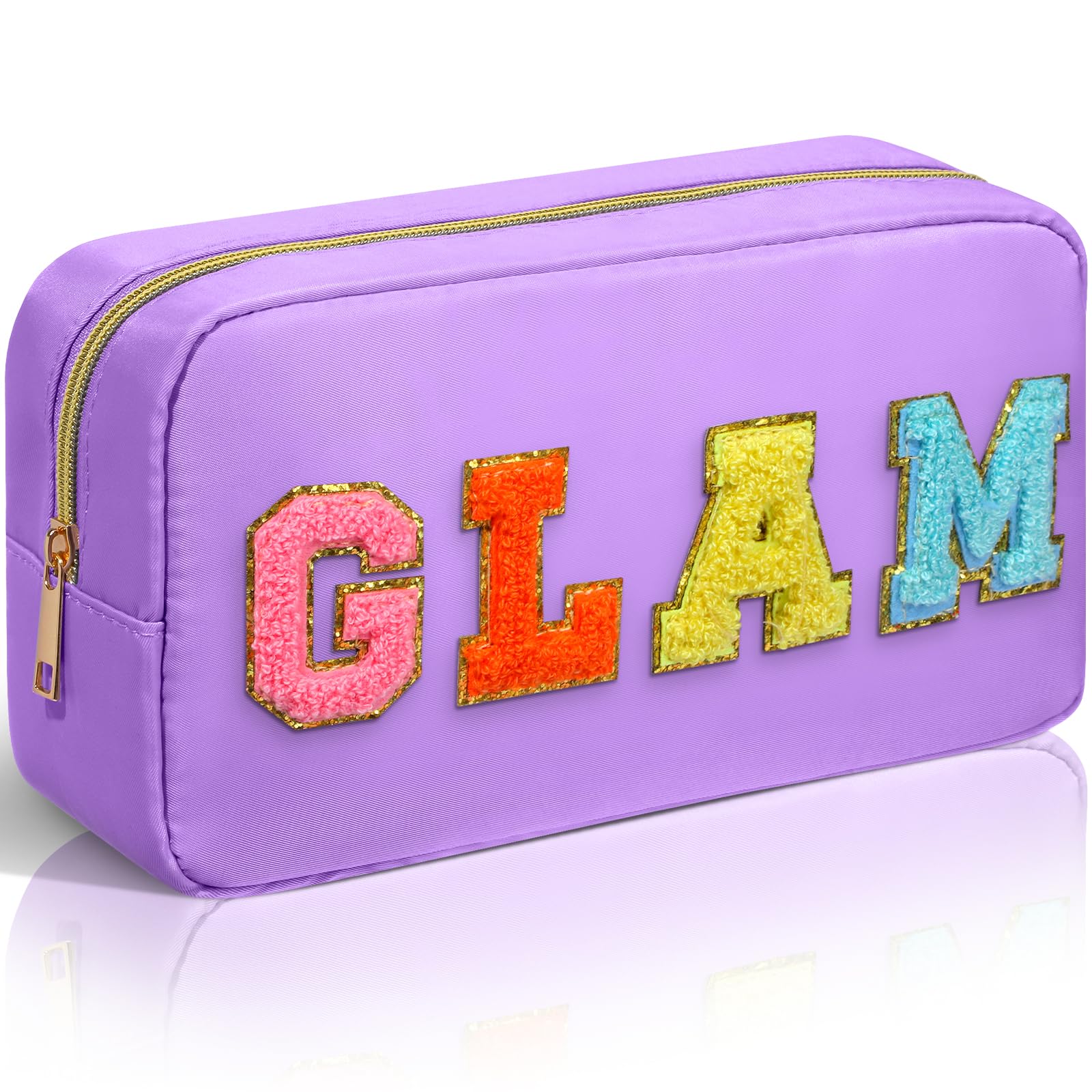 GLAM Chenille Letter Makeup Bag with Zipper - Large Capacity Waterproof Cosmetic Pouch for Women & Teens | Perfect for Travel, Gym & Daily Organization (Purple GLAM)