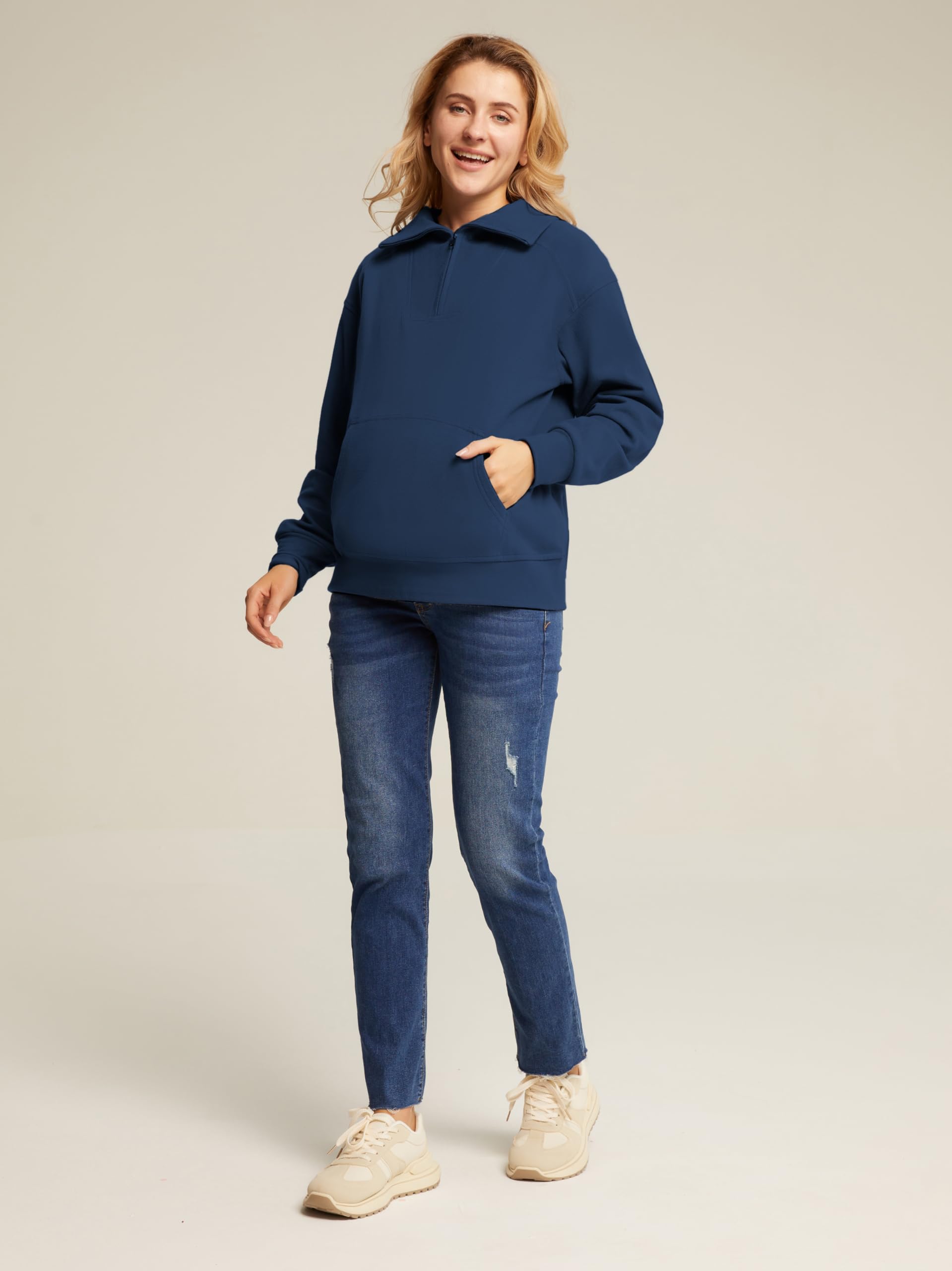 Maacie Maternity Sweatshirt - Half Zip Fleece Pullover with Thumbholes & Kangaroo Pocket for Pregnant Women | Warm Winter Layering for Pregnancy Comfort