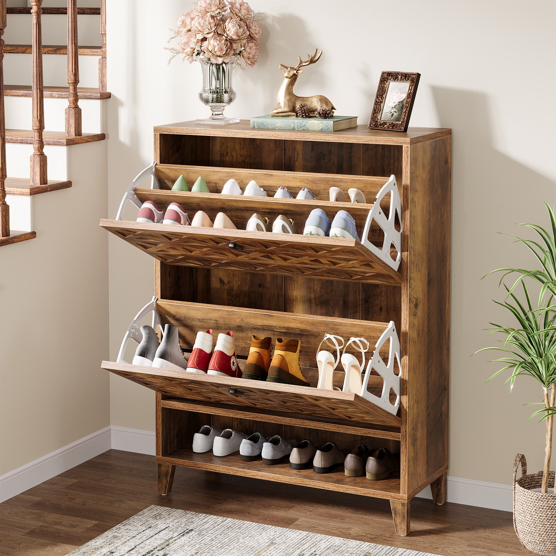 Wooden Shoe Cabinet with 2 Flip-Down Doors - Space Saving Shoe Storage Organizer for Entryway, Closet or Bedroom - Perfect for Organizing Shoes, Boots and Accessories