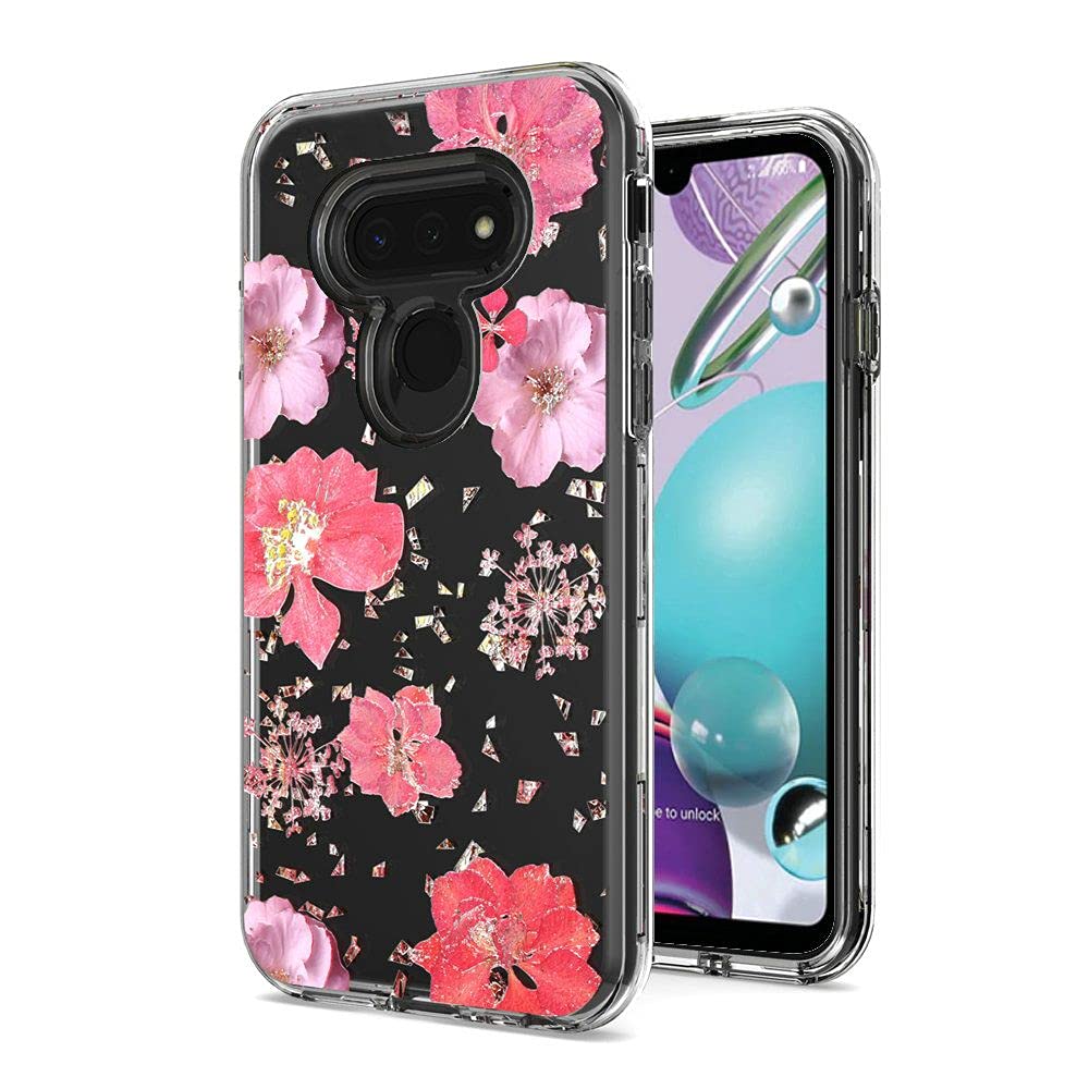Premium Tempered Glass Screen Protector + Slim Floral Design Phone Case for LG K31 Rebel L355DL with Free Gift Stand (Pink) - Perfect for Everyday Protection & Stylish Look at Work, School or Travel