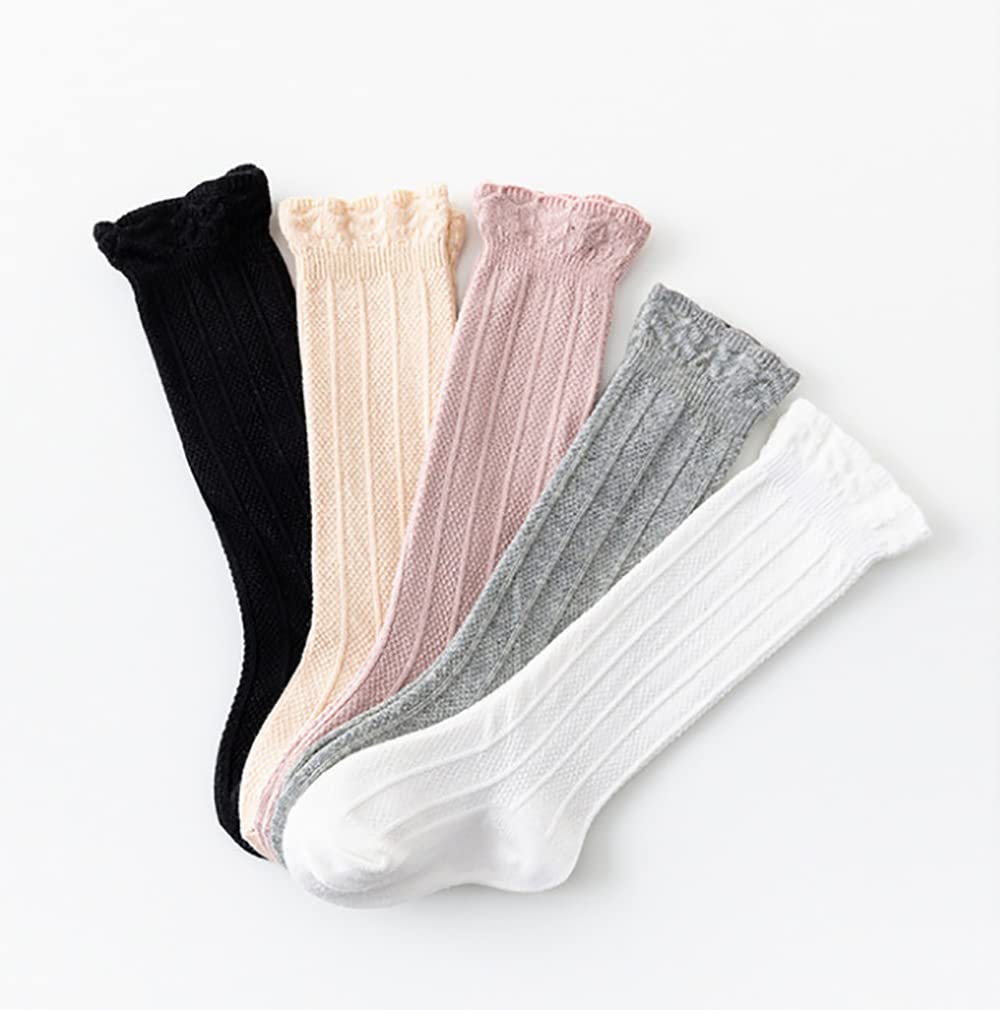 Jiuhong Baby Girl & Boy Lace Stockings - Soft Cotton Knit Knee-High Socks (5 Pairs) - Perfect for Newborn Photoshoots, Special Occasions & Everyday Wear