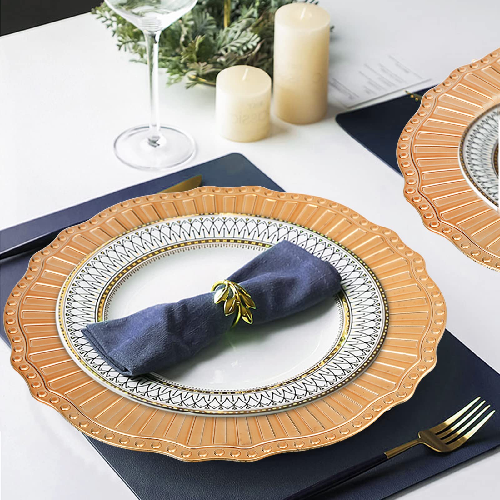 12 Pack Gold Charger Plates - 13 Inch Plastic Round Dinner Under Plates, Reusable Beaded Service Base Trays for Wedding, Christmas & Holiday Table Decor - Elegant Serving Ware for Formal Dining, Buffets & Special Occasions
