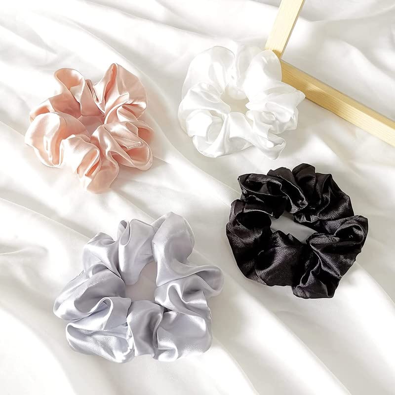 Silk Satin Scrunchies for Women - Soft No Damage Hair Ties, Elastic Ponytail Holders for Thick & Curly Hair (Set of 5) - Perfect for Workouts, Office, and Everyday Styling