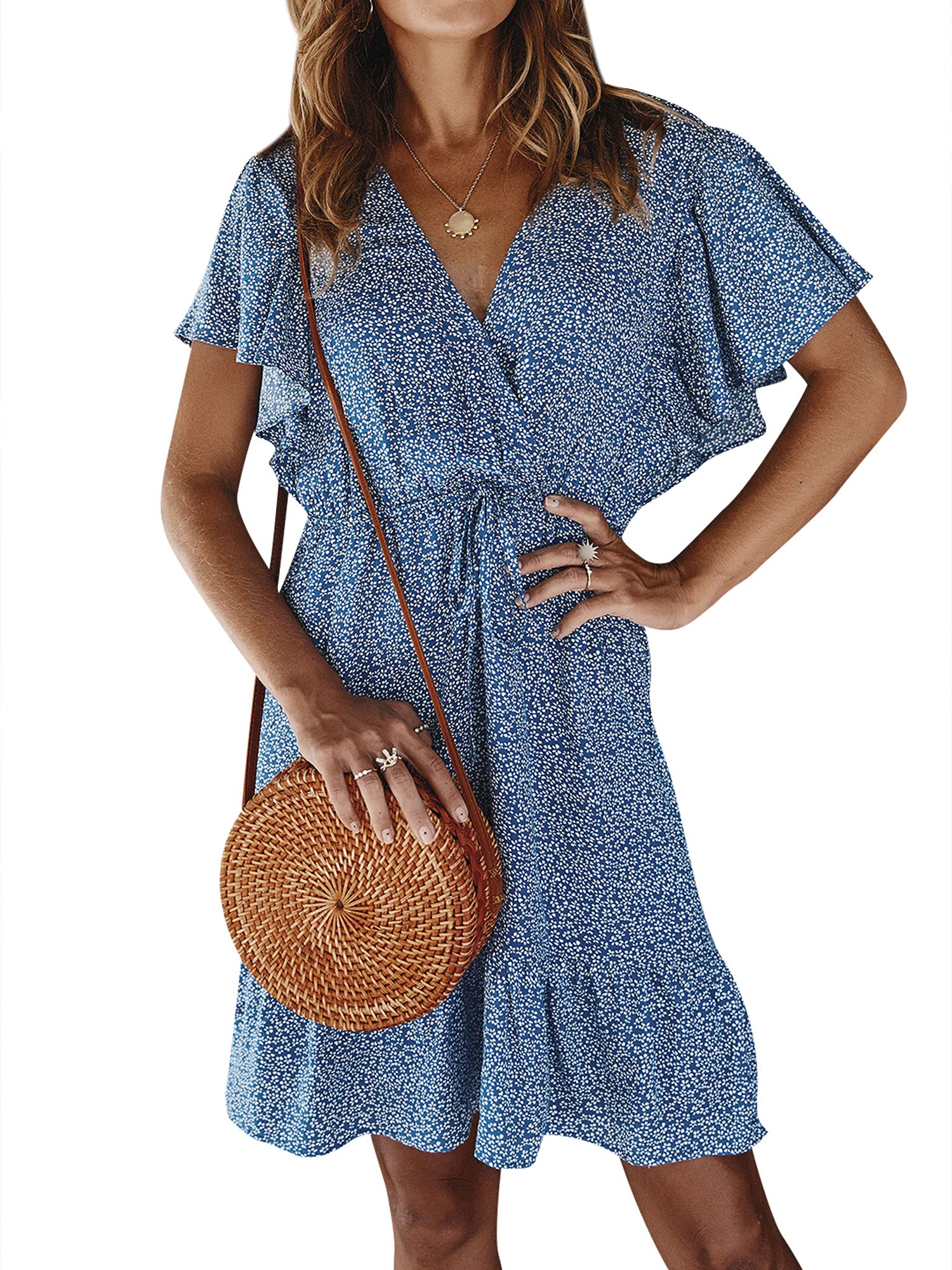 Ezcosplay Women's Summer Short Sleeve Flowy Dress - Ruffled High Waist A-Line Midi Dress for Beach, Party & Casual Wear | Lightweight & Comfortable