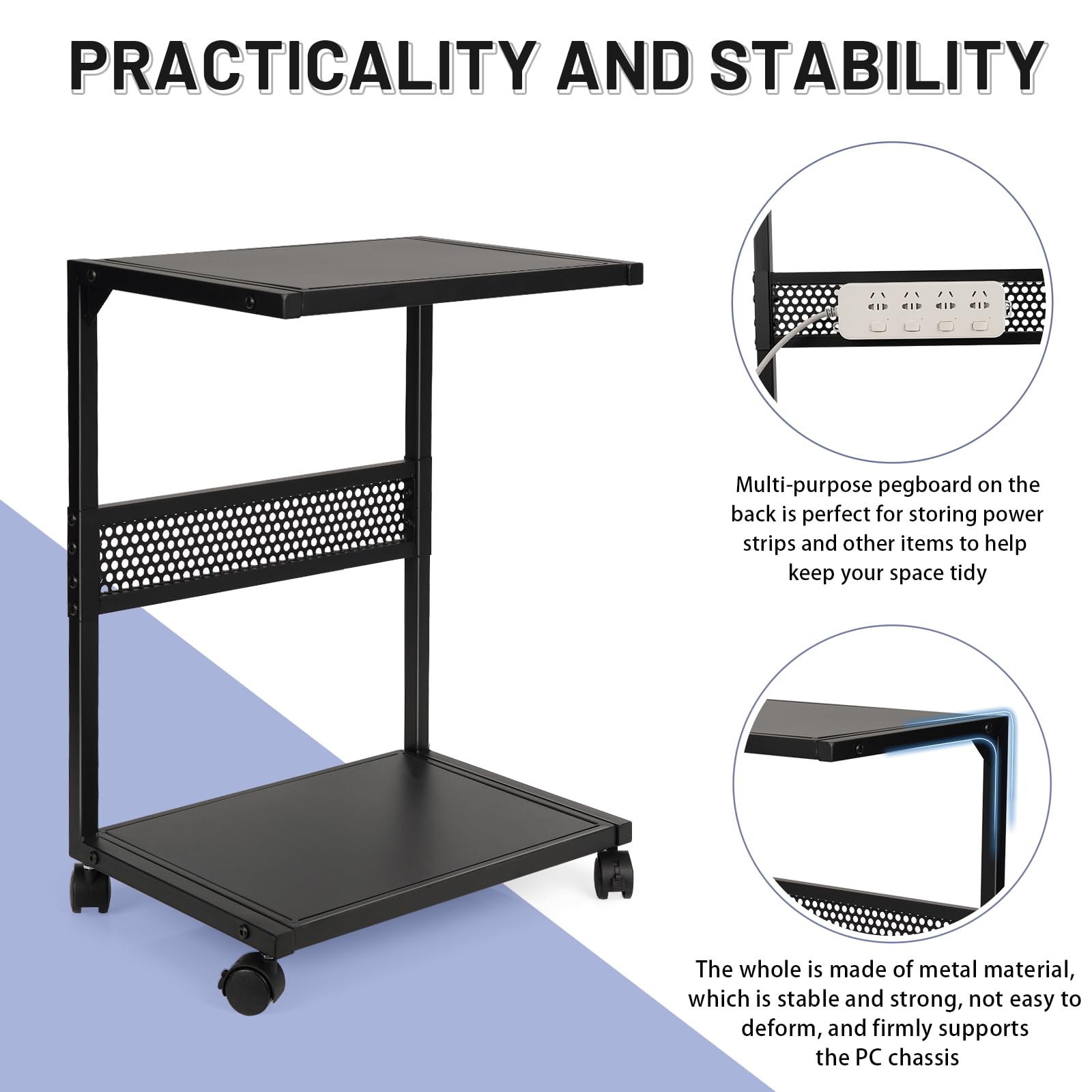 2-Tier Metal PC Stand with Locking Caster Wheels - Heavy Duty Computer Tower Stand for Most Desktop PCs | Perfect for Home Office, Gaming Setup & Workspace Organization