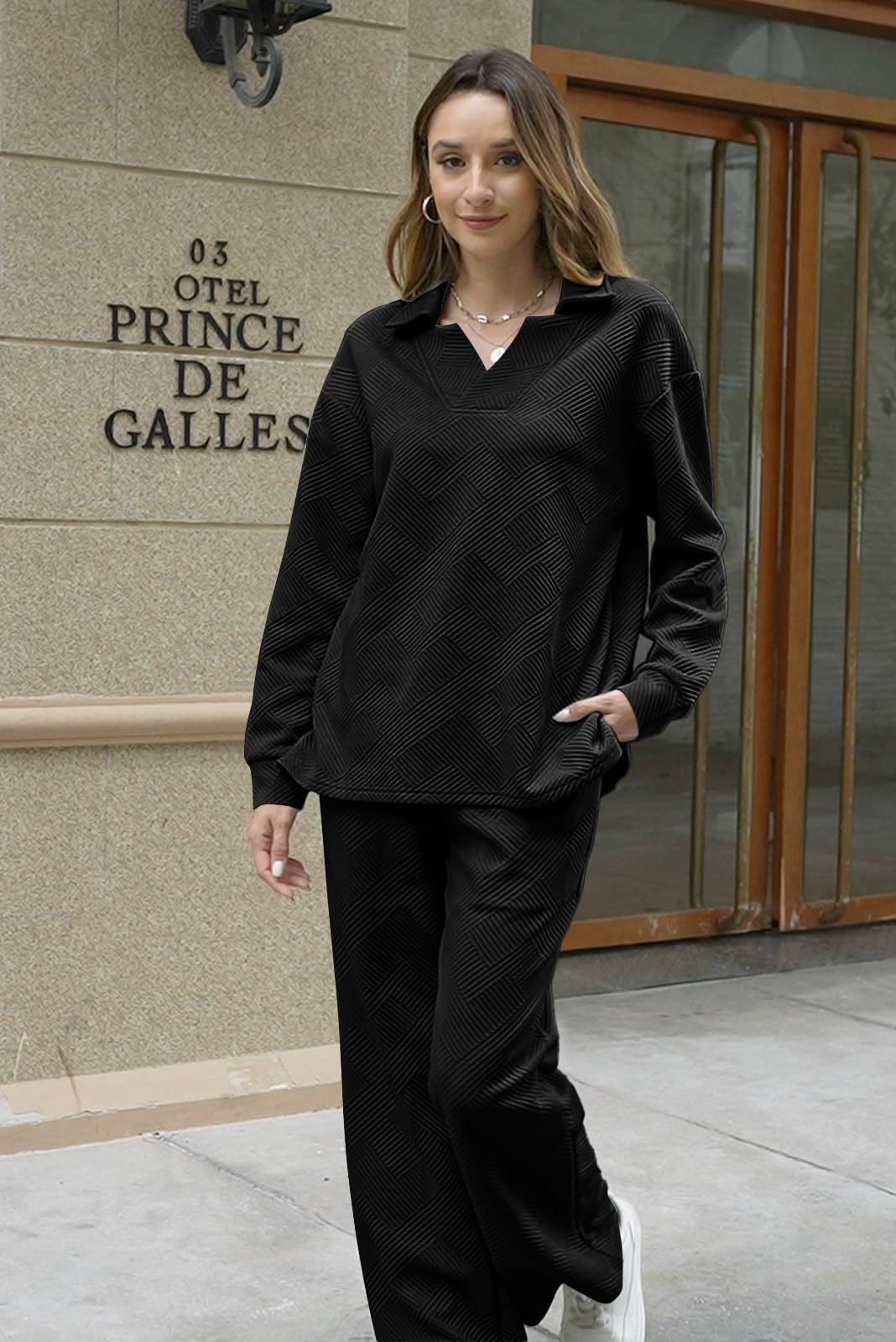 Women's Lounge Sets - 2 Piece Textured Sweatsuit with Polo Sweatshirt & Wide Leg Sweatpants with Pockets | Comfortable Outfit for Home, Yoga, Travel & Casual Wear