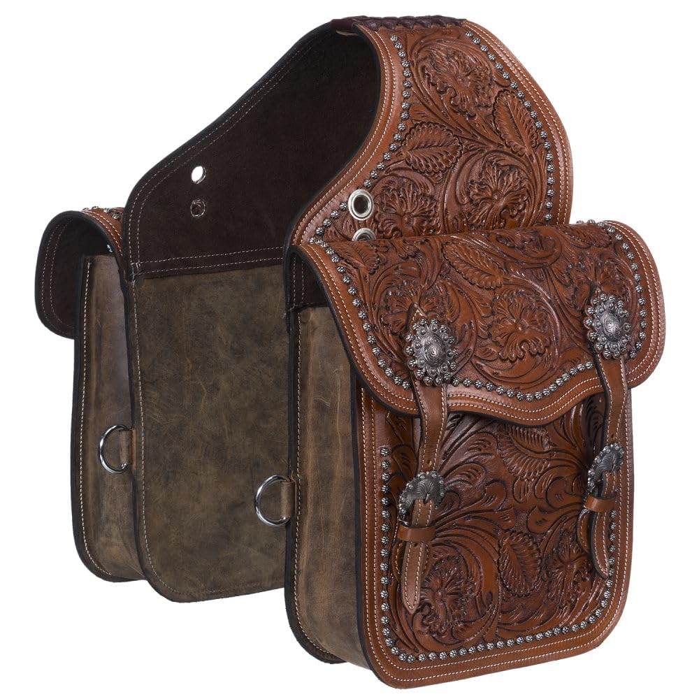 Tough 1 Oak Leaf Tooled Western Saddle Bag in Genuine Leather - Brown - Durable Horse Riding Equipment for Trail Rides & Ranch Work
