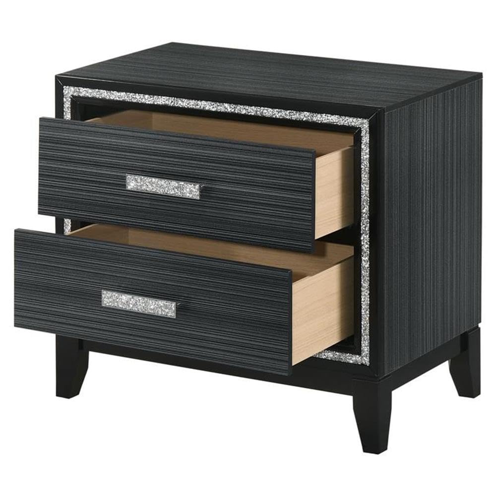 Acme Haiden Wooden 2-Drawer Nightstand with Silver Trim in Weathered Black - Modern Bedside Table for Bedroom, Living Room & Guest Room