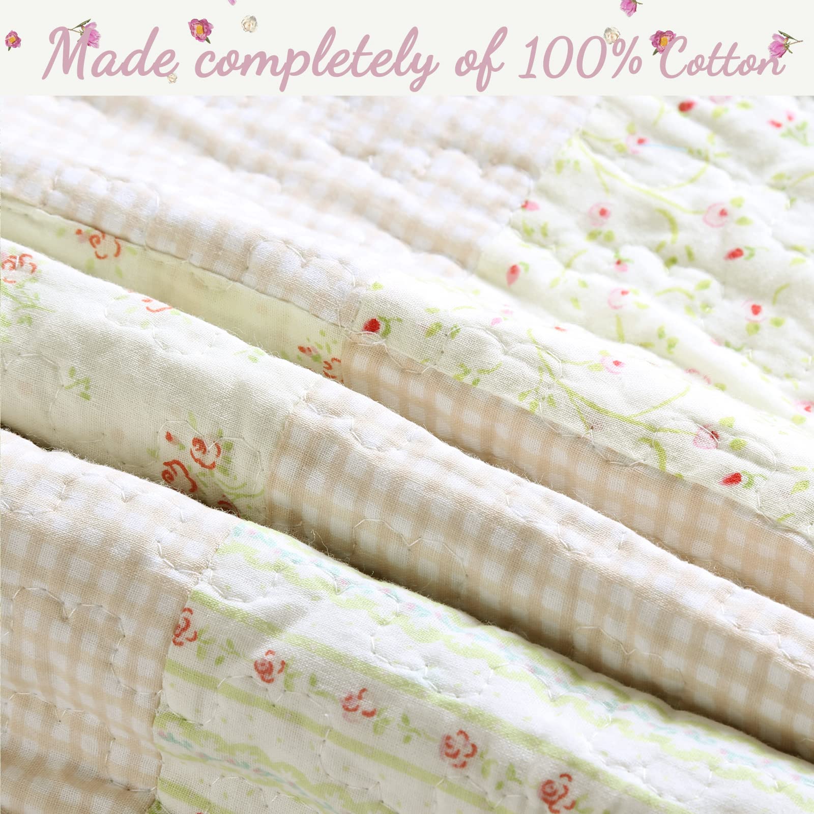 Cozy Line Home Fashions Sweet Light Peachy Pink Floral 3-Piece Patchwork Gingham Ruffle Scalloped Cotton Reversible Queen Quilt Bedding Set - Perfect for Master Bedroom, Guest Room & Cozy Farmhouse Decor