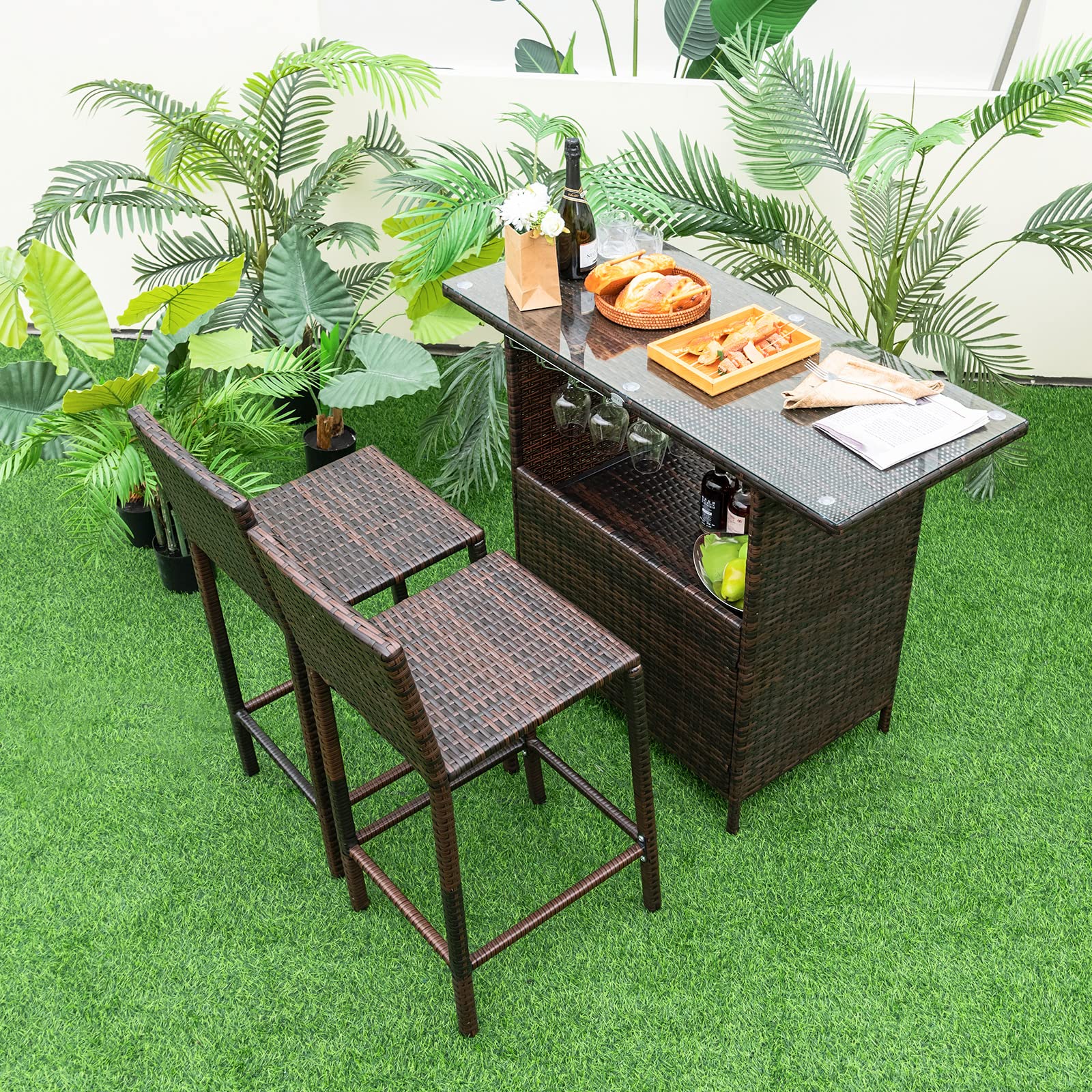 **Tangkula 3-Piece Outdoor Bar Set - Wicker Patio Bar Table & 2 Stools with Stemware Racks, Hidden Storage & Tempered Glass Top - Perfect for Backyard, Poolside, Garden (Mix Brown)**