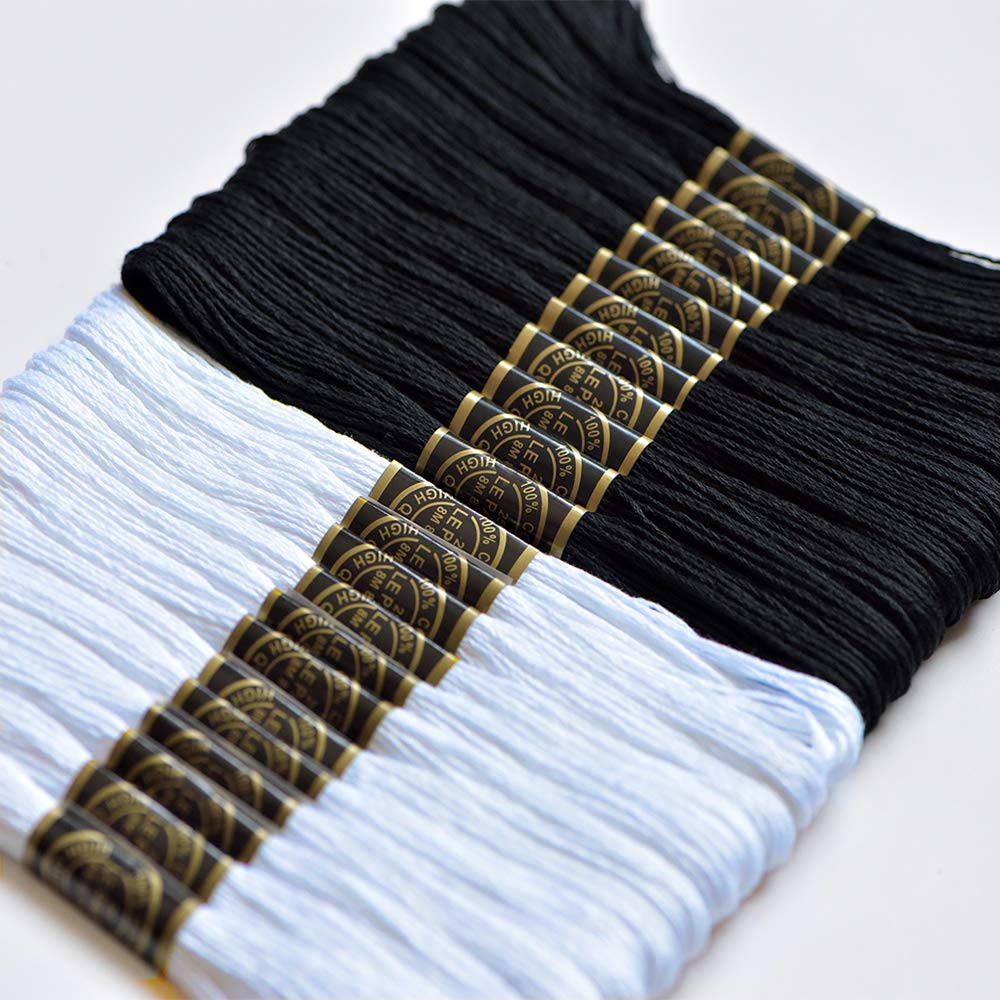 Premium Embroidery Floss Kit - 24 Skeins Black & White Cross Stitch Threads for Hand Embroidery, Friendship Bracelets & DIY Crafts - Ideal for Needlework, Scrapbooking & Home Decor Projects
