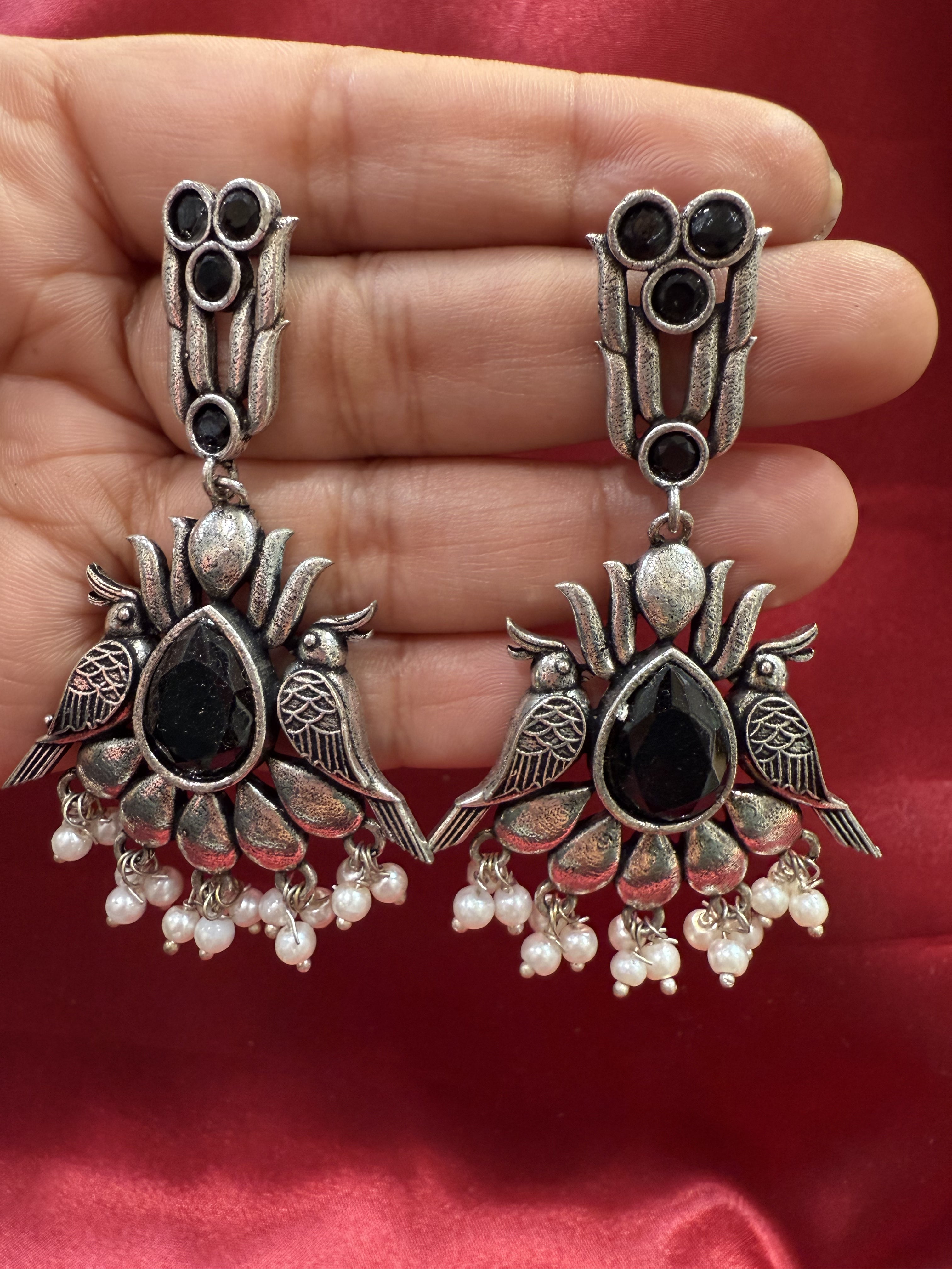 Elegant Black Stone Bird Design Oxidized Beaded Earrings for Women - Boho Chic Jewelry Gift for Parties, Weddings & Everyday Wear