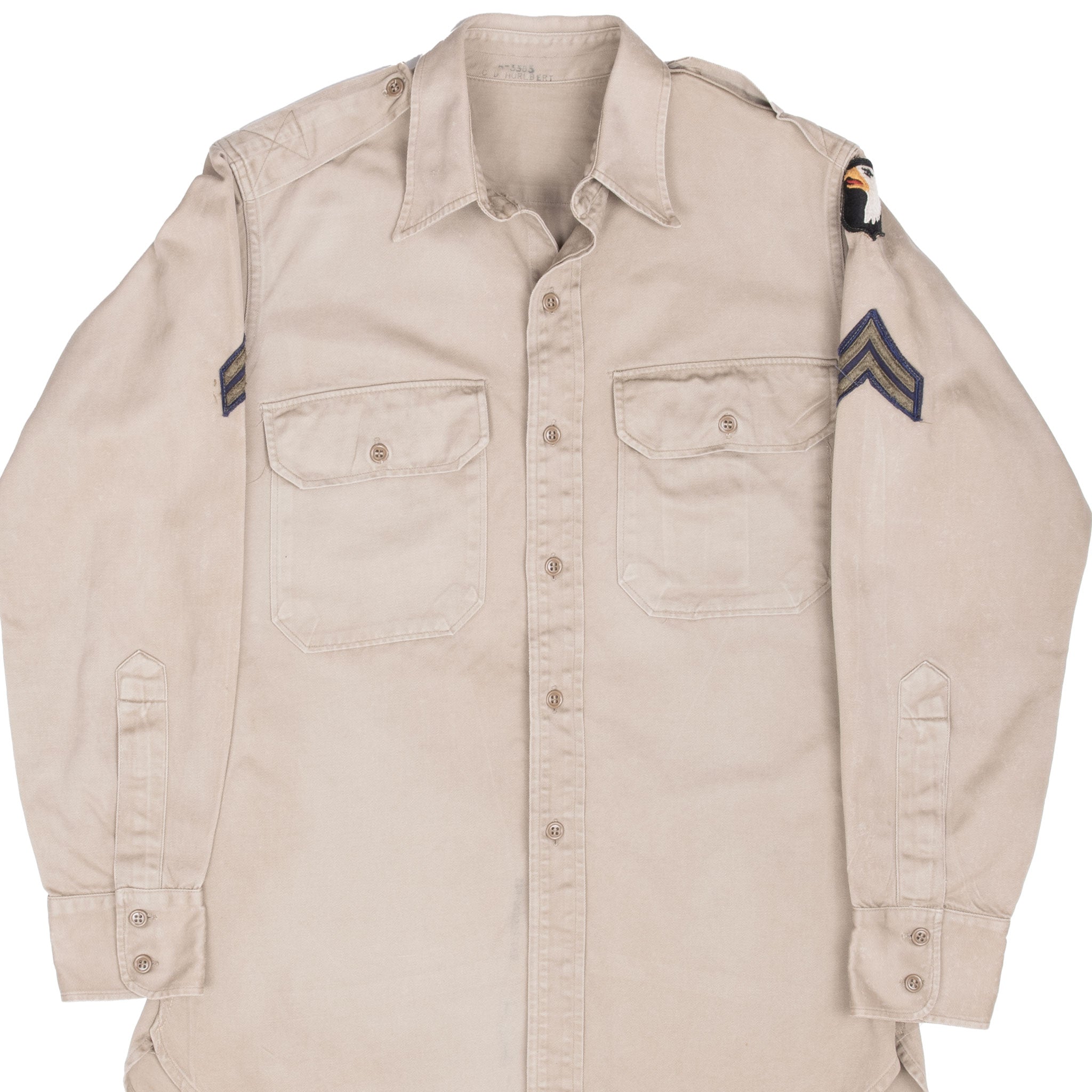 Vintage US Army 101st Airborne Patched Khaki Shirt 1952 - Large Size | Authentic Military Collectible & Retro Fashion for Men | Perfect for Reenactments, Costumes & Vintage Style Outfits
