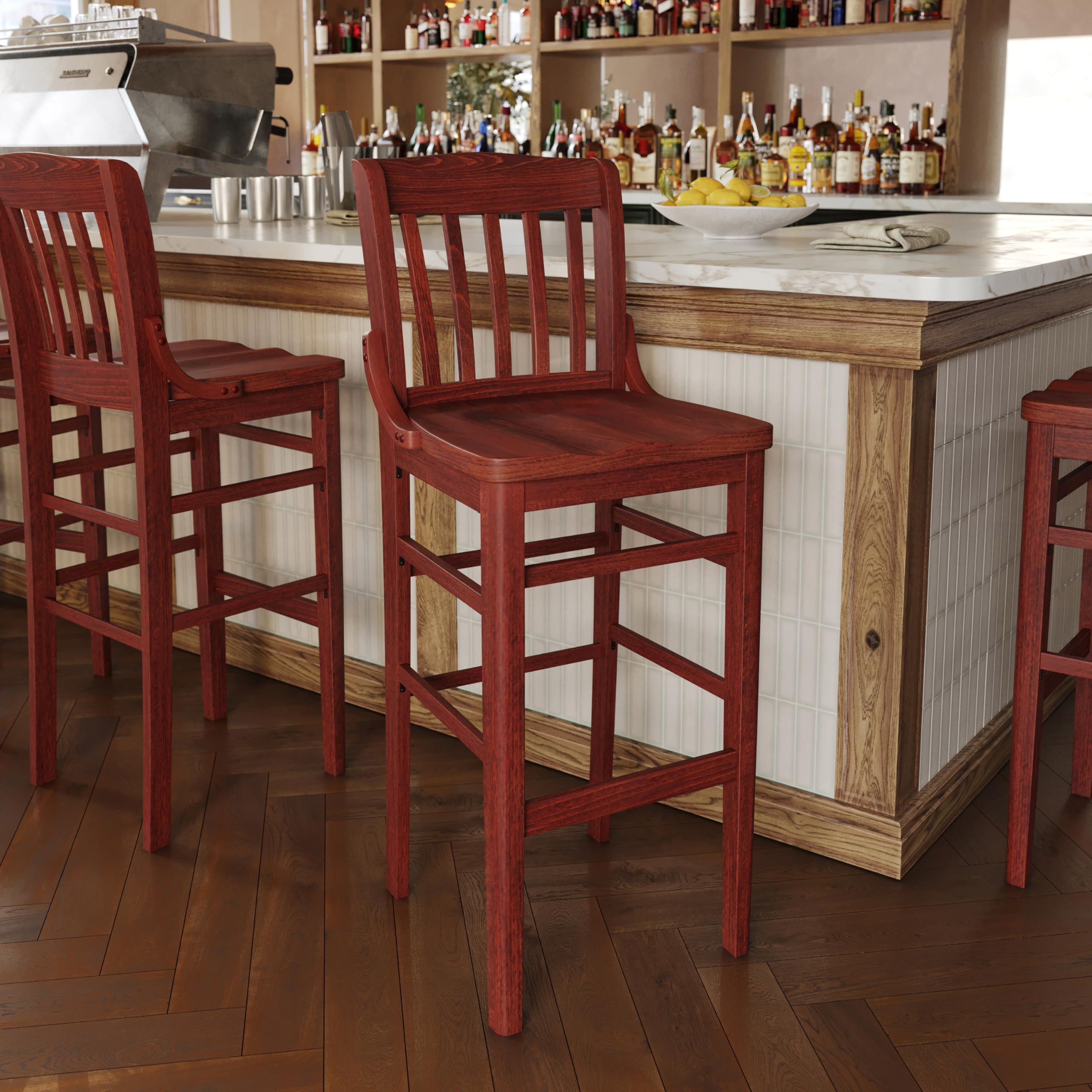 EMMA + OLIVER School House Barstool - Solid Mahogany Wood Counter Height Stool with Back Support - Perfect for Kitchen Islands, Breakfast Bars & Home Bars