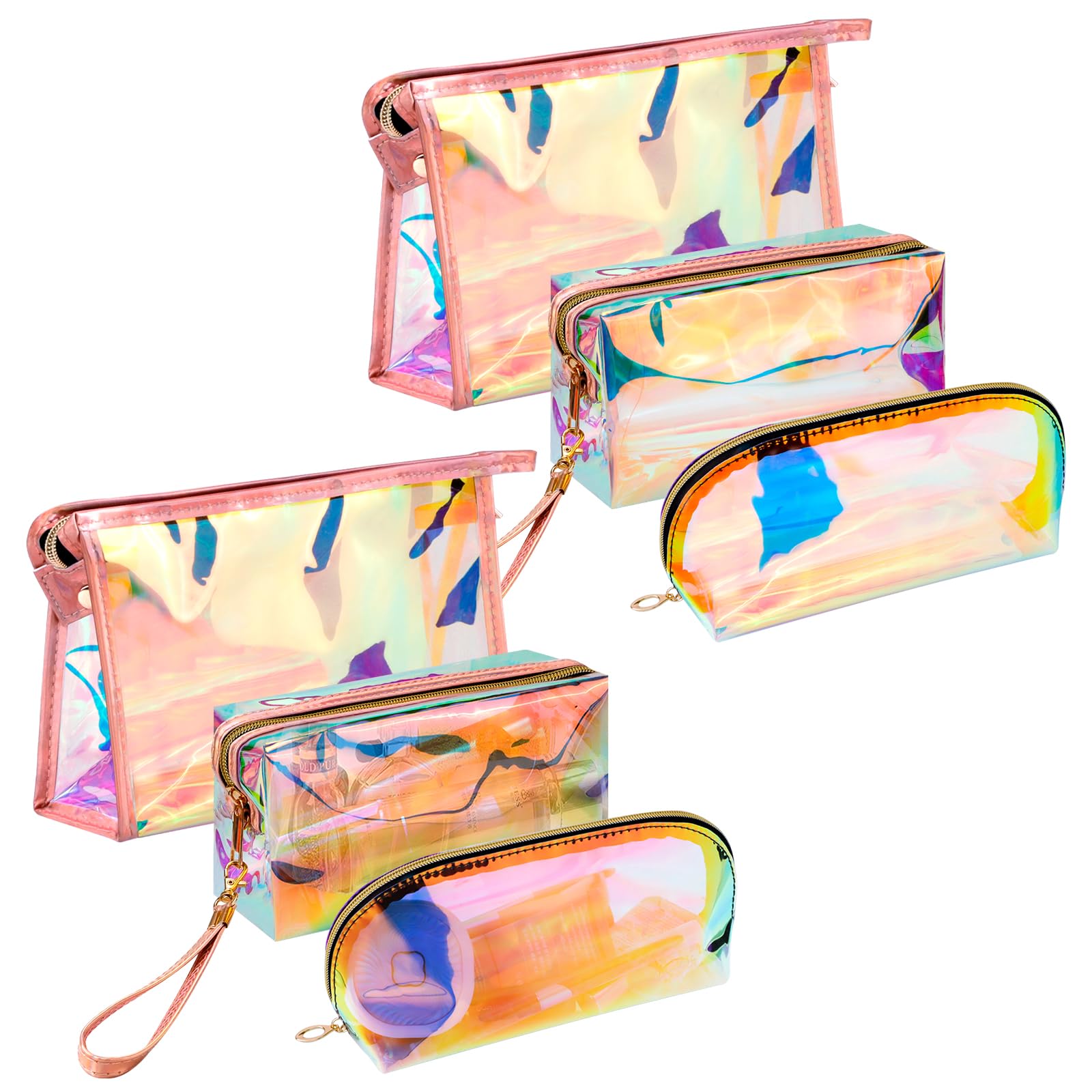 6 Pcs Holographic Makeup Bags Set - Clear Iridescent Cosmetic Organizer, Waterproof Travel Toiletry Bag with Zipper, Portable Cosmetic Pouch for Women | Perfect for Travel, Gym, Daily Use & Mothers Day Gifts