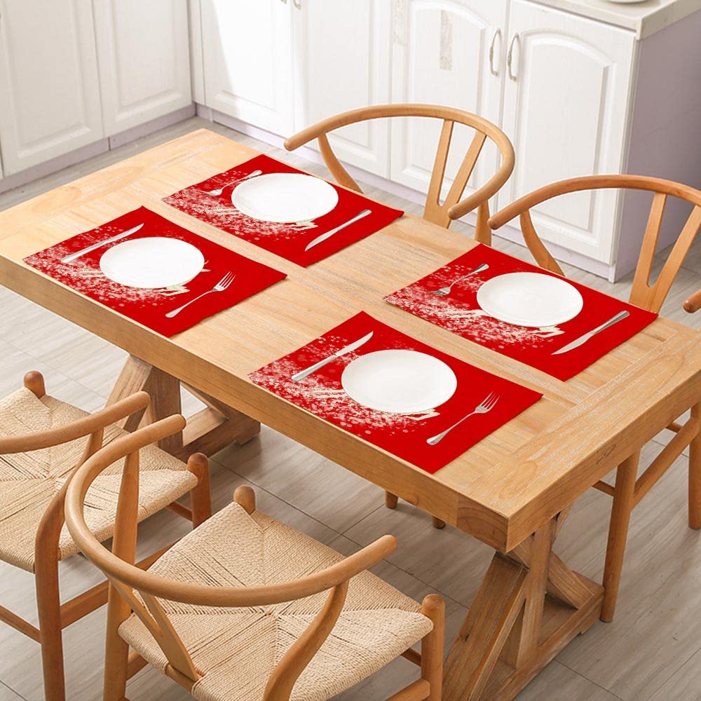 Jesmacti Christmas Reindeer Placemats Set of 4 - 18x12 Inch Red Holiday Dining Mats for Festive Indoor Decor & Dinner Parties - Perfect for Christmas Tablescapes, Family Gatherings & Seasonal Home Decor