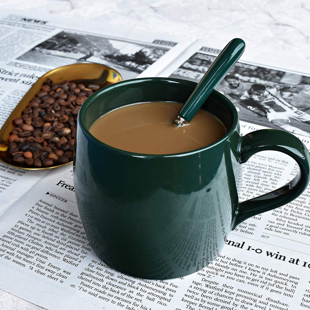 Premium Ceramic Coffee Mug with Spoon - 14oz Green Tea Cup for Office & Home Use - Dishwasher & Microwave Safe - Glossy Finish - Ideal for Coffee, Tea, Hot Chocolate & Soups (1 Pack)