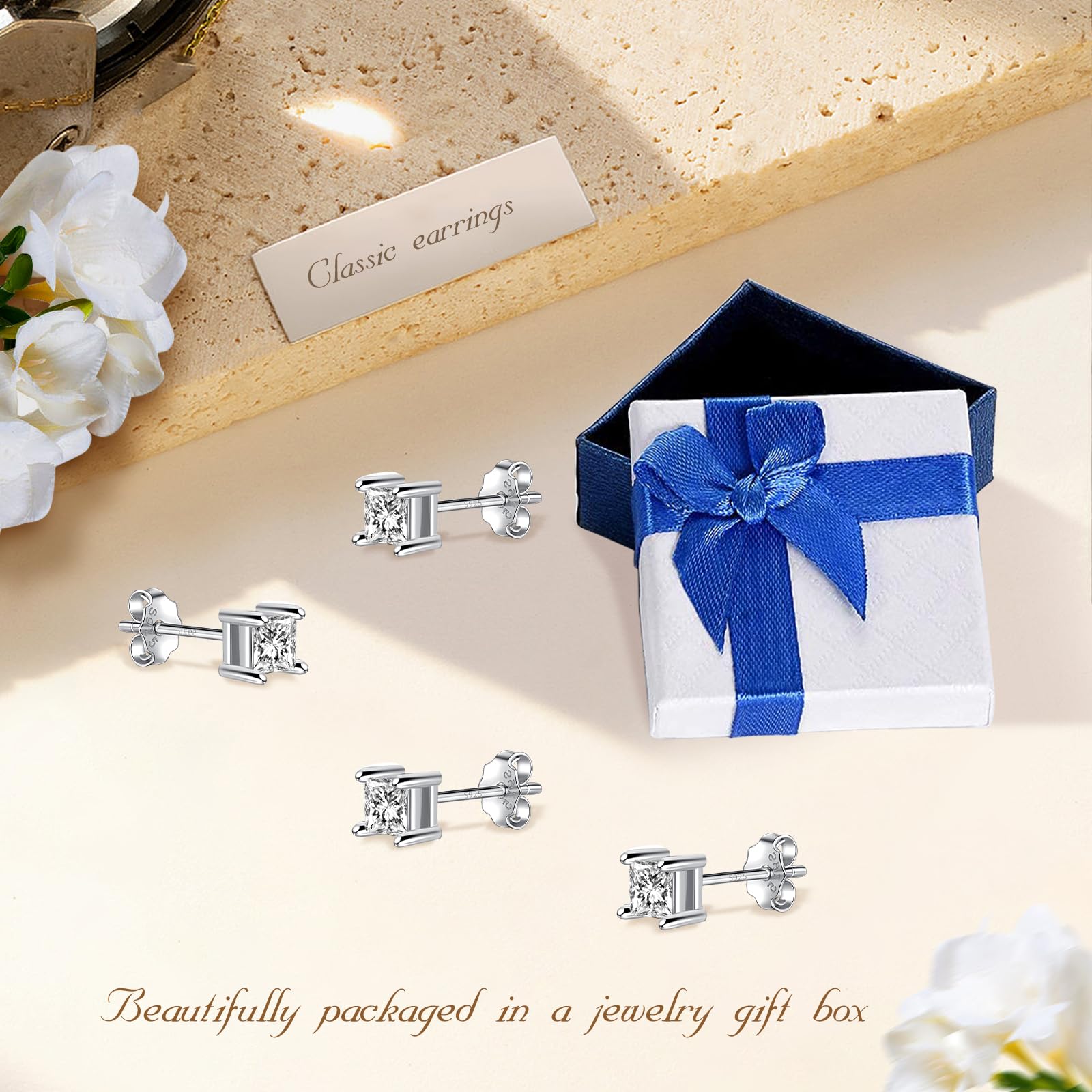 2 Pairs 925 Sterling Silver Stud Earrings for Women & Men - Small Square Cubic Zirconia Hypoallergenic Earrings - Tiny Sleeper Earrings Jewelry Gift for Birthday, Christmas, Anniversary - Perfect for Everyday Wear, Work & Special Occasions