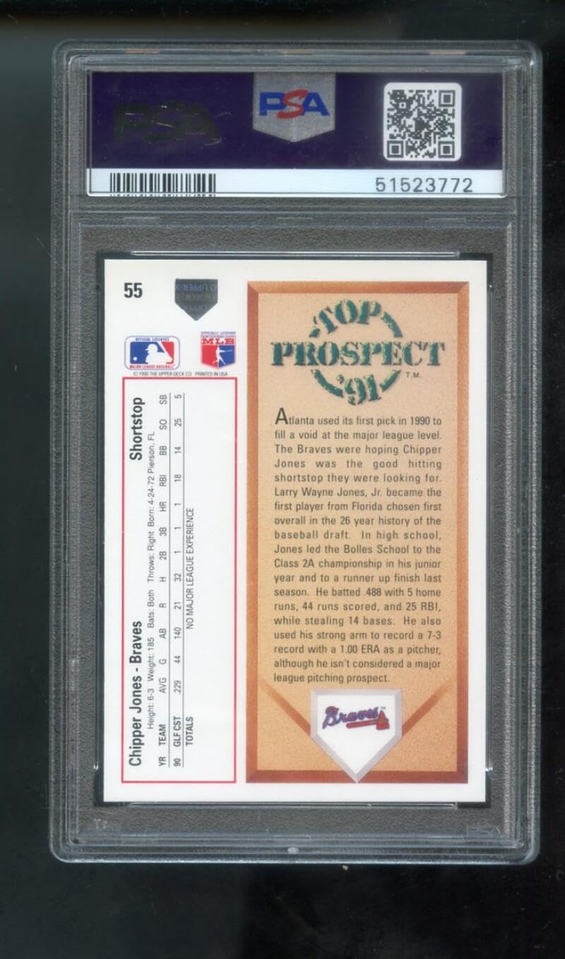 1991 Upper Deck #55 Chipper Jones PSA Graded 9 Baseball Card - Collectible Sports Memorabilia for Fans & Investors