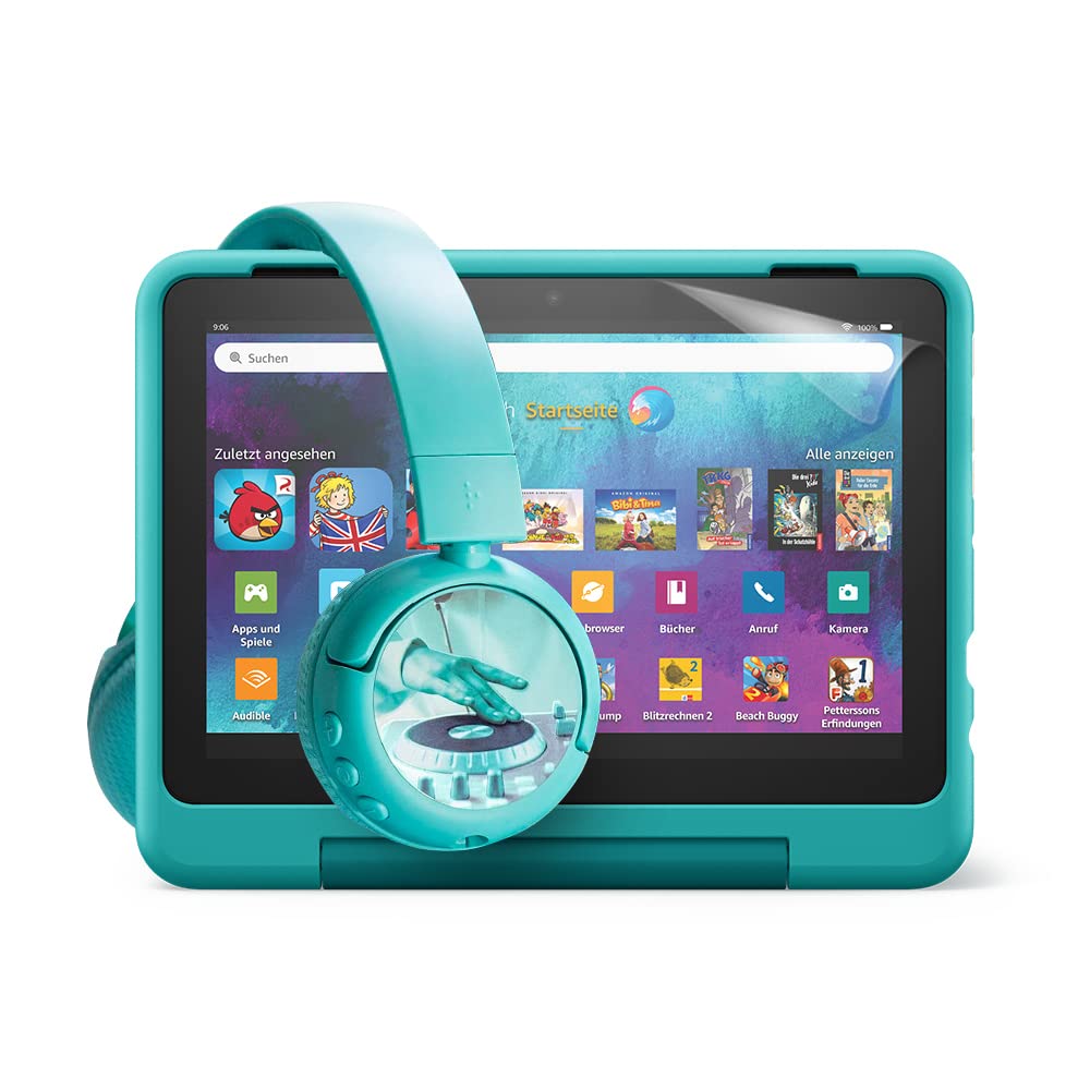 Fire HD 8 Kids Pro Tablet (Teal) with BuddyPhones PopTime Pro Bluetooth Headphones & NuPro Screen Protector 2-Pack - Perfect for Learning, Entertainment & Travel