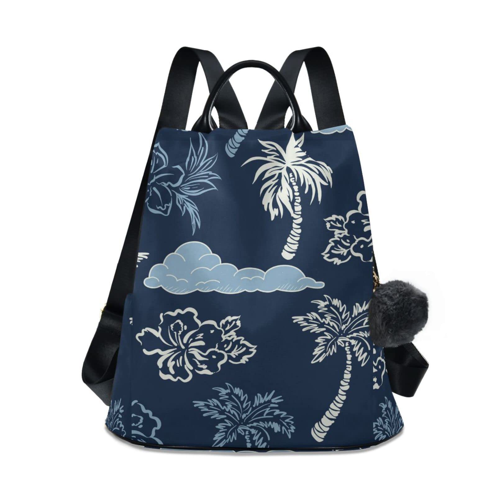Stylish Blue Palm Trees Print Anti-Theft Backpack for Women - 15 Inch Fashion Casual School & Travel Laptop Bag with Fuzzy Keychain - Perfect for College, Work, Beach & Daily Commute