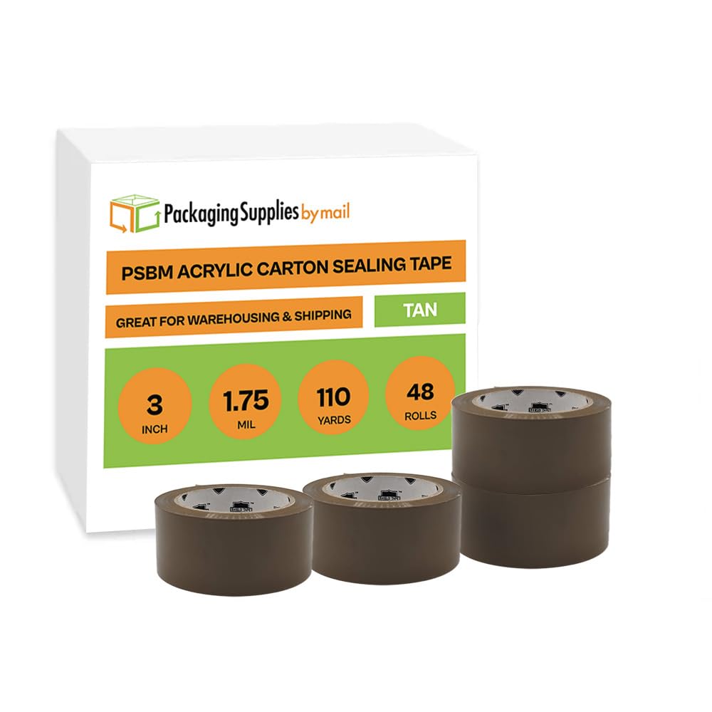 PSBM 3 Inch x 110 Yards Brown Packing Tape - 48 Rolls, 1.75 Mil Tan Packaging Tape for Shipping Boxes, Moving Supplies & Storage - Heavy Duty Dispenser Refill for Home, Office & Warehouse Use
