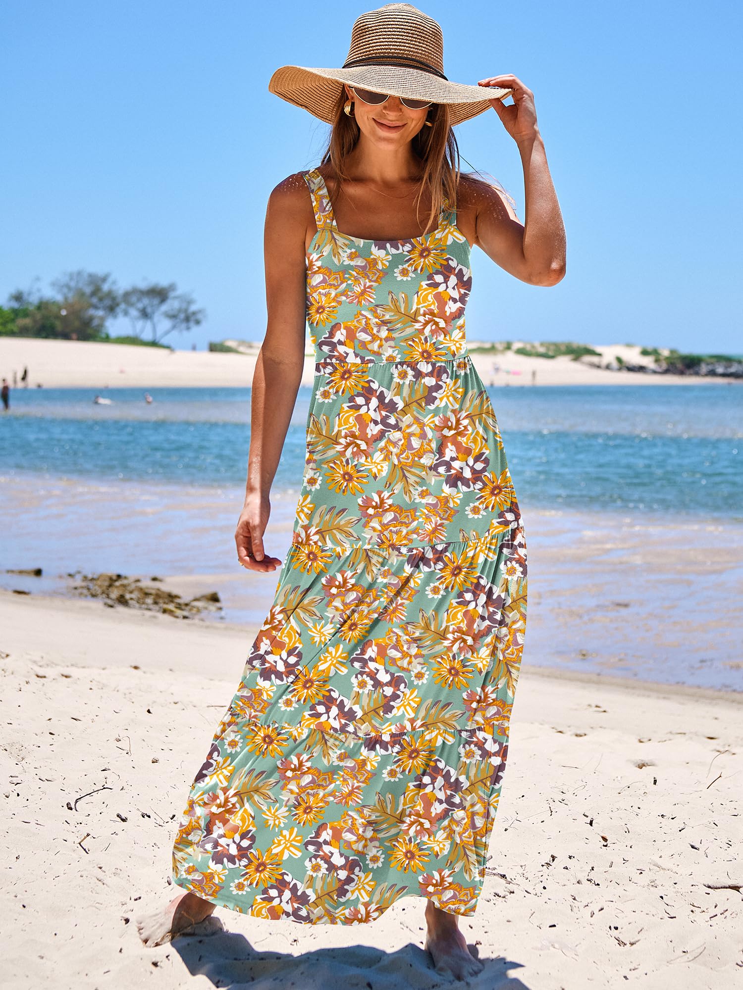 ANRABESS Women's Summer Maxi Dress - Sleeveless Square Neck Flowy Tiered Sun Dress with Pockets for Beach Vacation, Casual Outings, and Outdoor Events