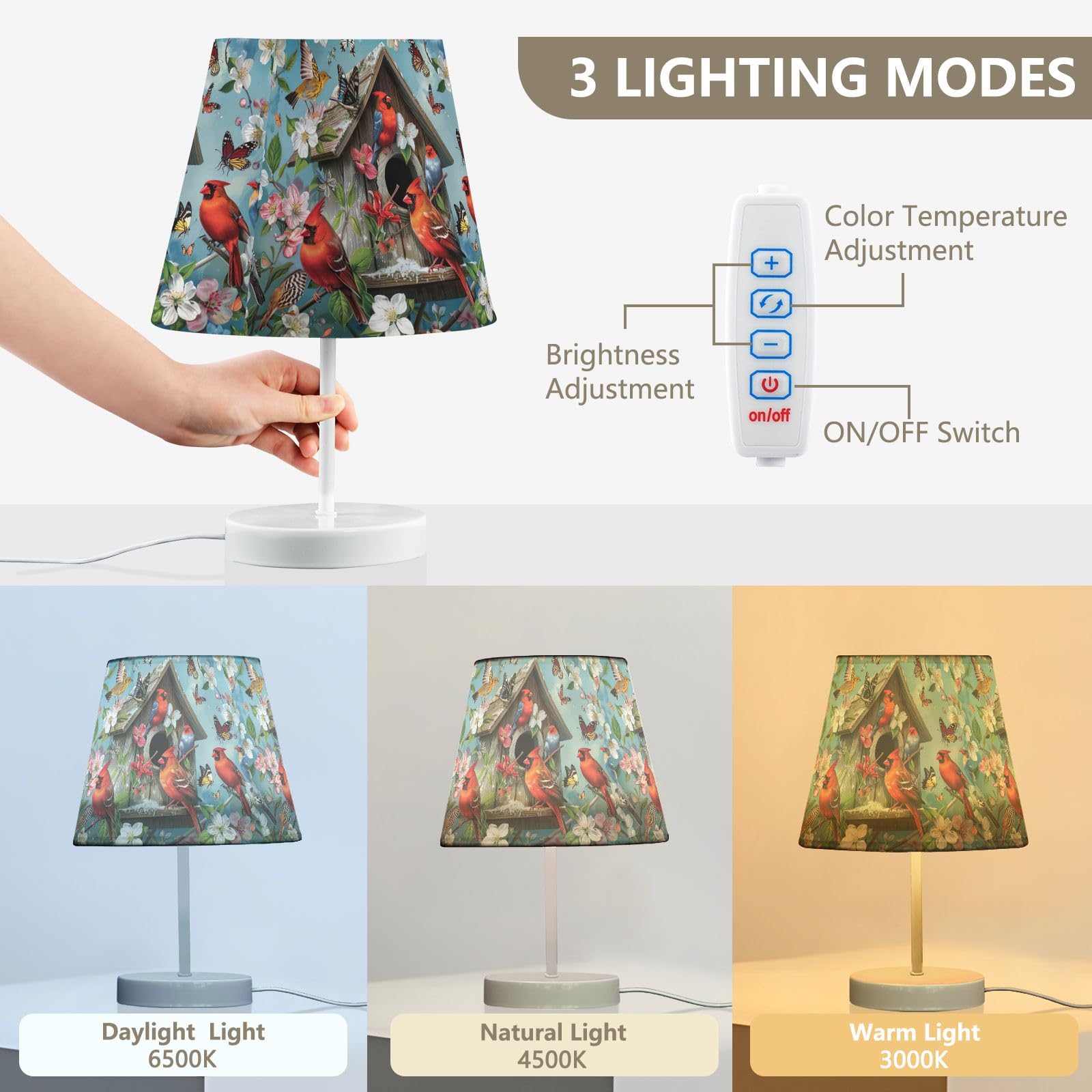 CHIFIGNO Modern Nightstand Lamp with USB Port - 3-Way Dimmable Bedside Table Light, Spring Garden Birds Design for Bedroom Decor - Perfect for Reading, Relaxing & Enhancing Ambience