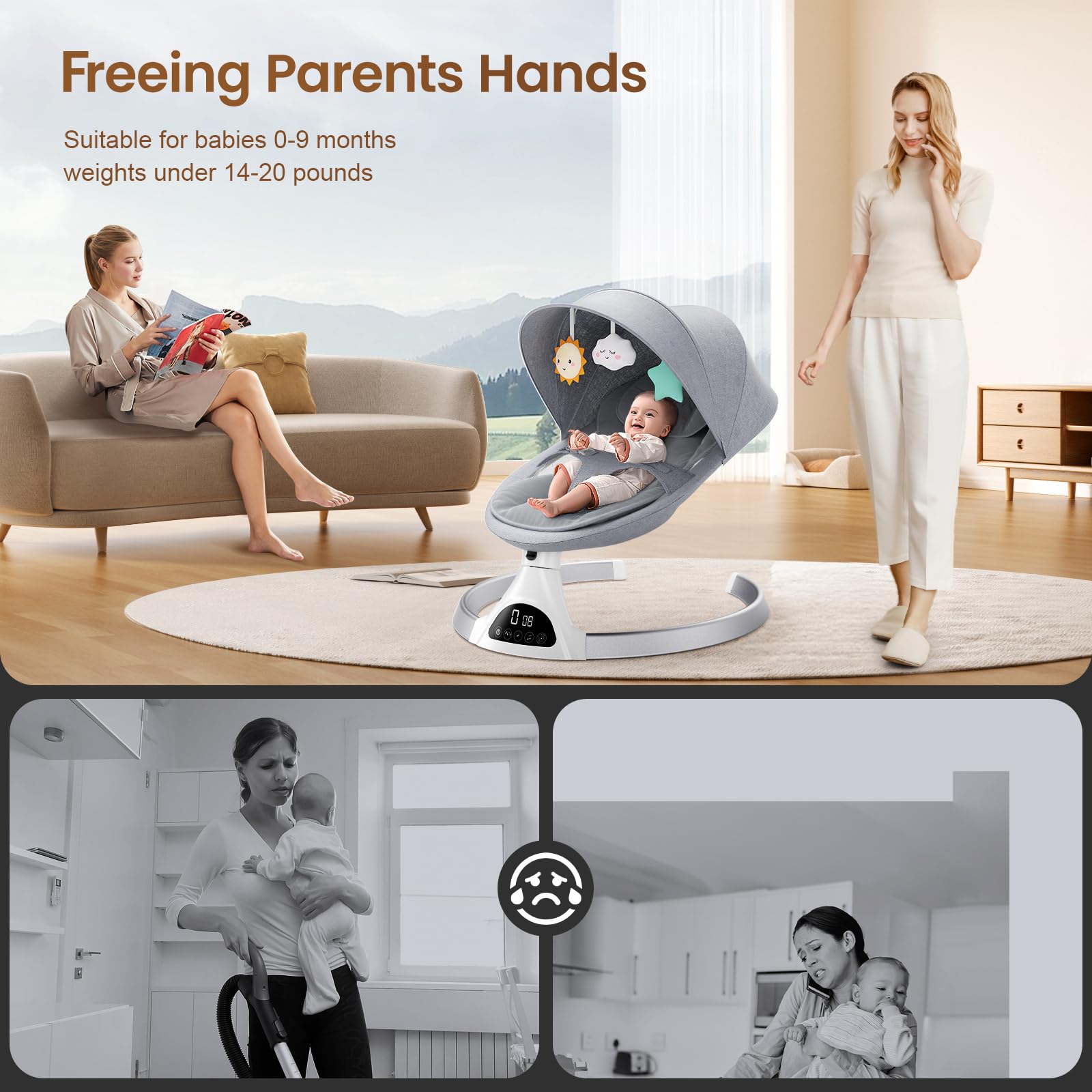 Smart Bluetooth Baby Swing with App Control - 5 Speed Adjustable, 12 Lullabies, Smart Sensor & Timer - Portable Infant Swing for Boys & Girls - Perfect for Nursery, Travel & Soothing Fussy Babies