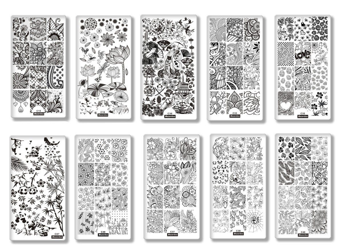 Mezerdoo Panda Nail Stamping Plate Set - 10pcs Lace Flower Love Nail Art Templates with Stamper & Scraper + Storage Bag | DIY Manicure, Salon Nail Design, Gift for Nail Lovers