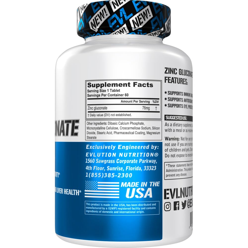 EVLution Nutrition Zinc Gluconate 60 Tablets - Immune Support & Wellness Supplement for Men & Women - Perfect for Daily Health, Gym Recovery & Immune Boosting