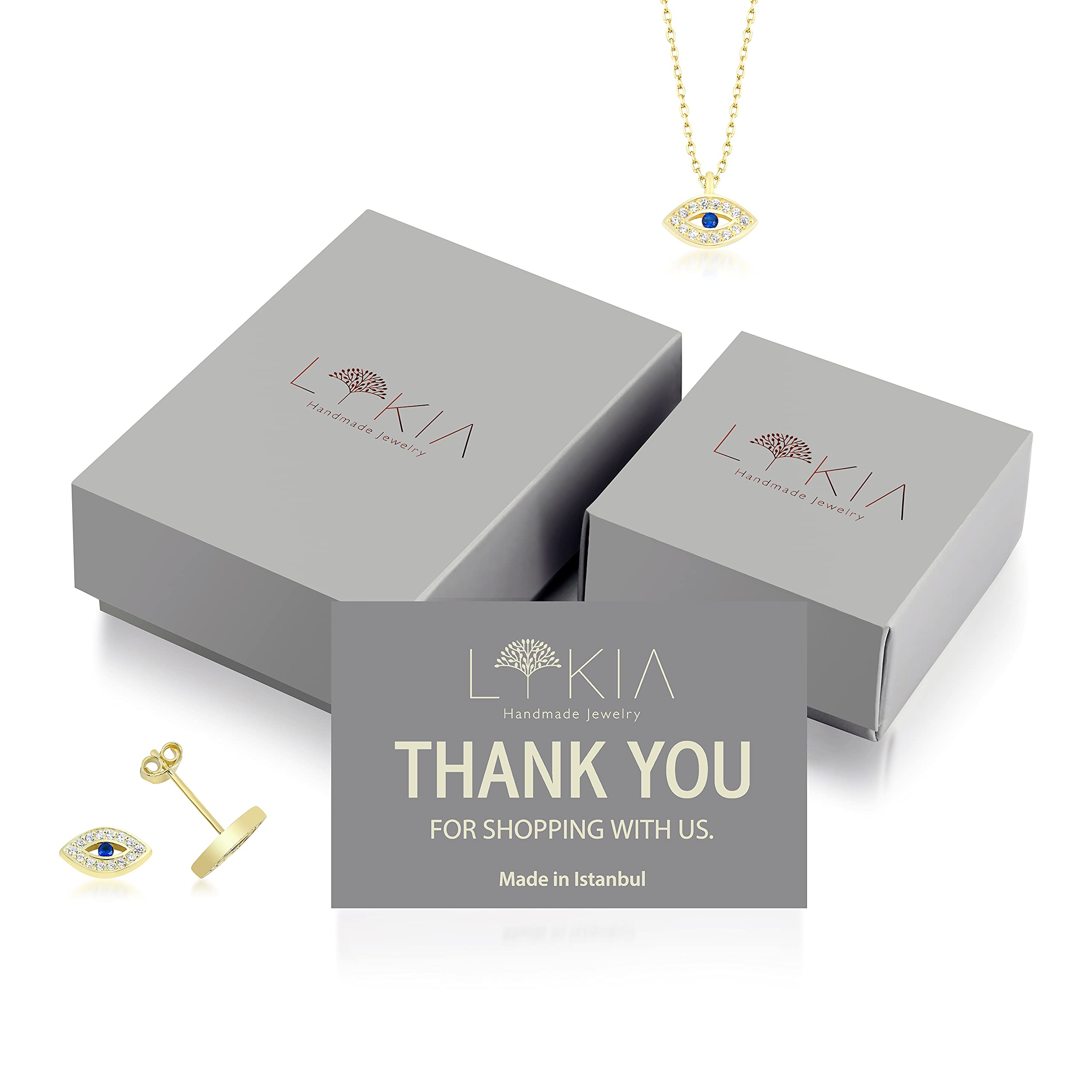 LYKIA 18K Gold Plated 925 Sterling Silver Jewelry Set with Zirconia - Handmade in Istanbul | Protection Pendant, Earrings, Bracelet & Choker Necklace for Women | Elegant Gift Box Included | Perfect for Weddings, Parties & Special Occasions