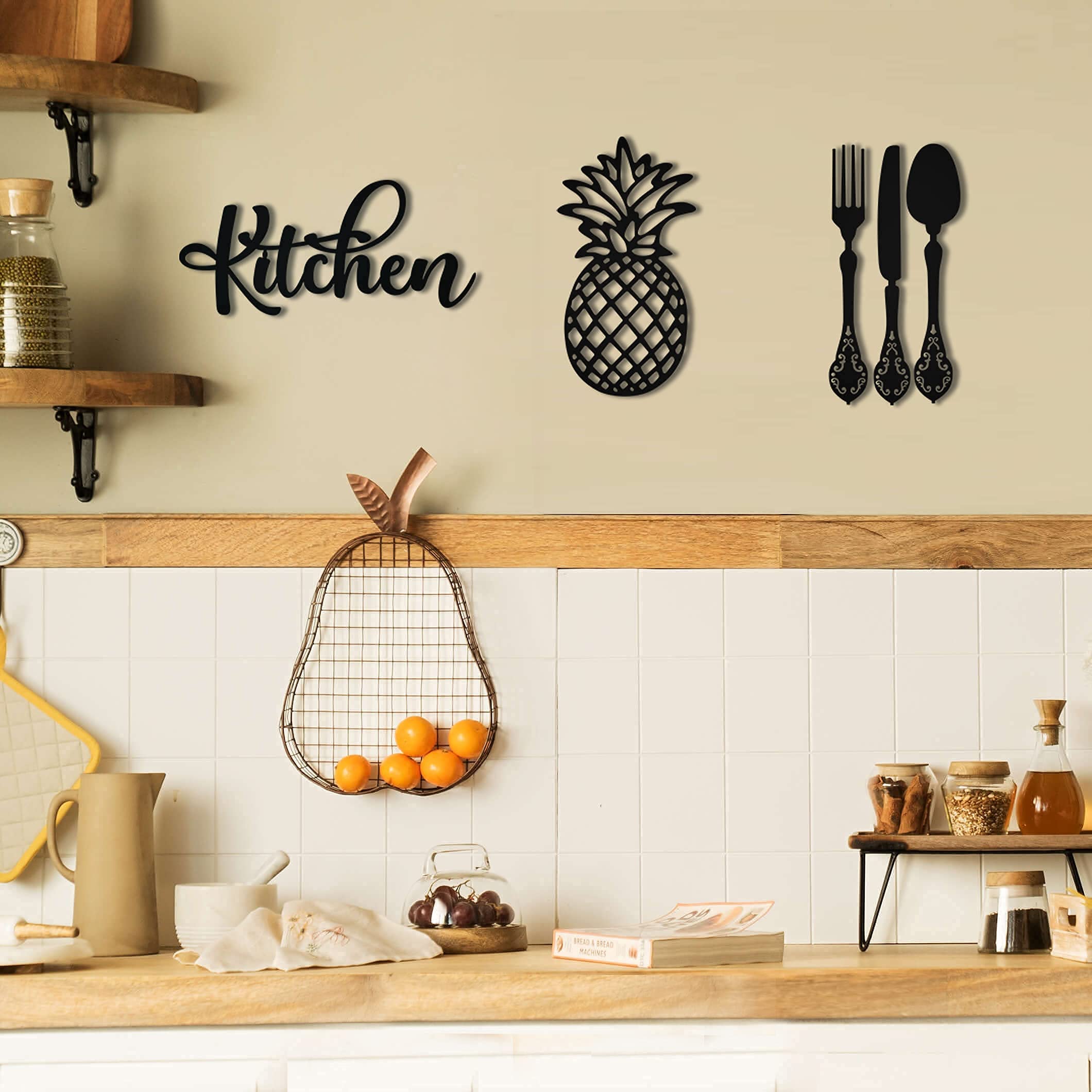 4eN Modern Wooden Kitchen Wall Decor Set - 5 Piece MDF Cutlery Sign for Dining Room, Kitchen, Cafe & Farmhouse | Rustic Home Accessories for Wall Decoration & Interior Design