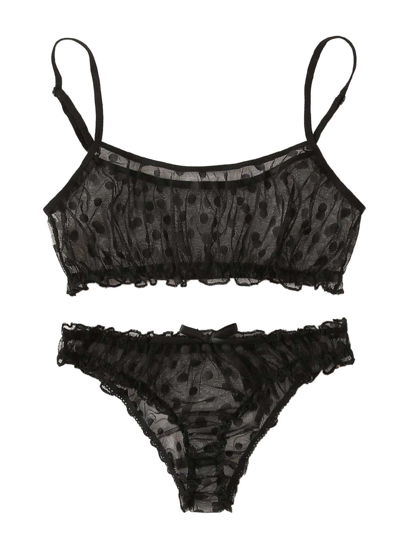 WDIRARA Women's Sexy Lingerie Set - Polka Dot Mesh Babydoll with Spaghetti Straps & Frill Details | Perfect for Valentine's Day, Honeymoon & Boudoir Photography