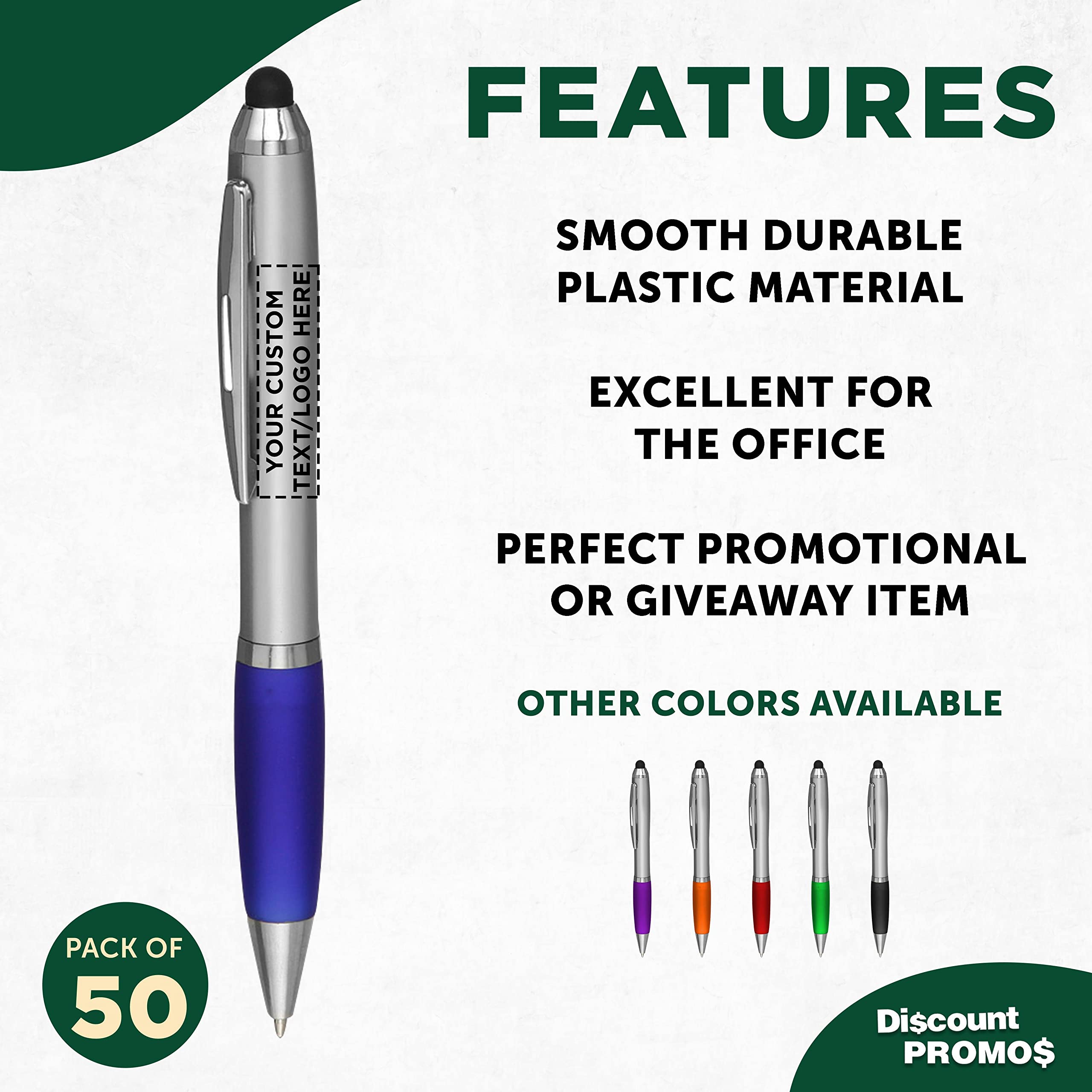 Custom Stylus Ballpoint Pens Set of 50 - Bulk Pack with Black Ink - Personalized Promotional Pens for Office, School, Business, Tradeshows & Events - Perfect for Branding, Giveaways & Corporate Gifts - Blue