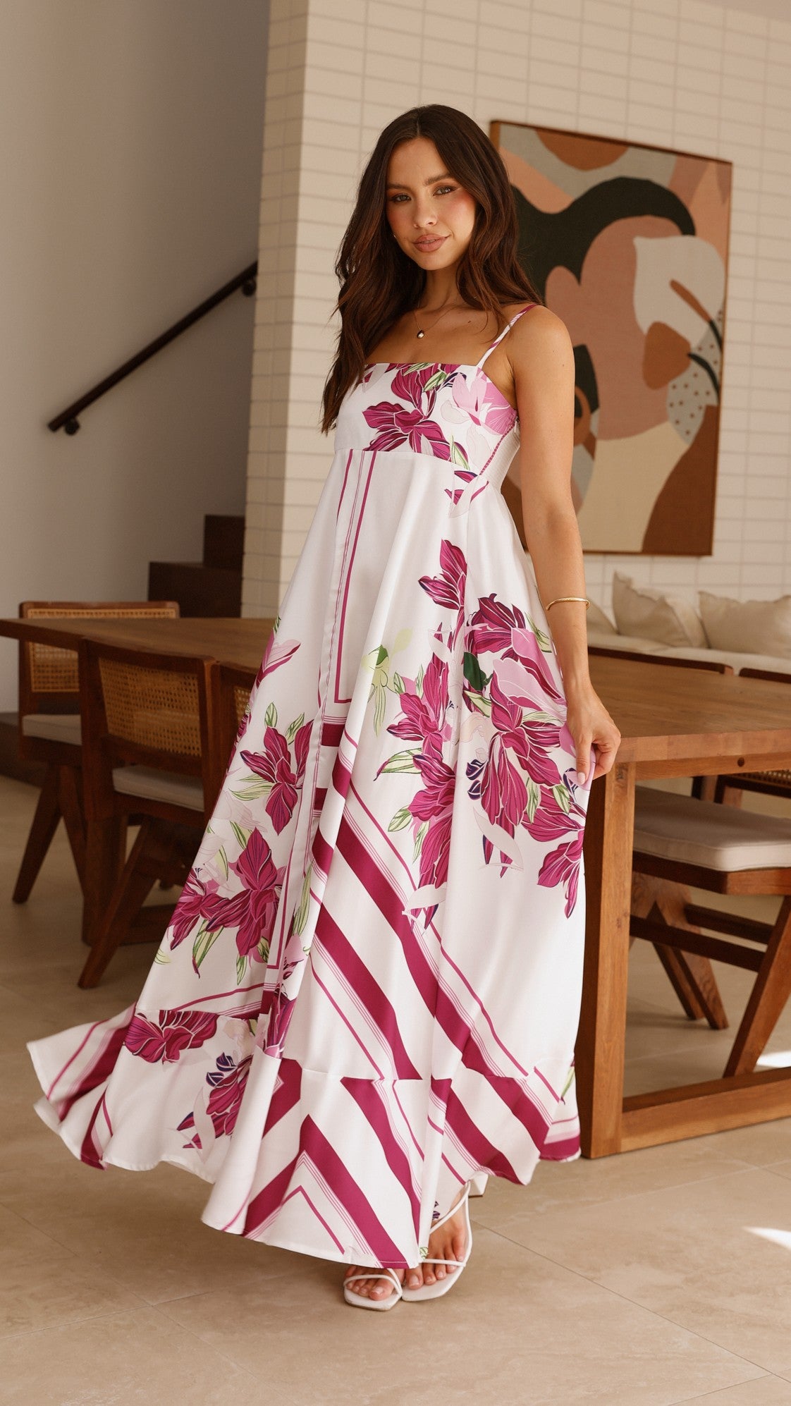 Kaethe Maxi Dress for Women - Flowy Summer Long Dress in White & Pink | Beach Wedding, Vacation, Party Wear