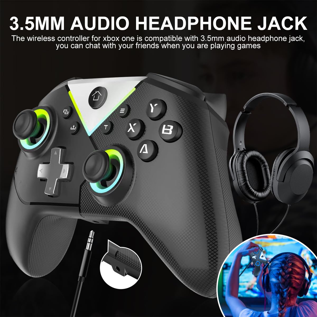 Wireless Xbox One Controller with RGB LED Lights, 2.4GHz Connection, 3.5mm Headphone Jack & 1000mAh Battery - Compatible with Xbox One S/X & Series S/X - Turbo Function - Black - Perfect for Gaming, Streaming & Multiplayer Sessions