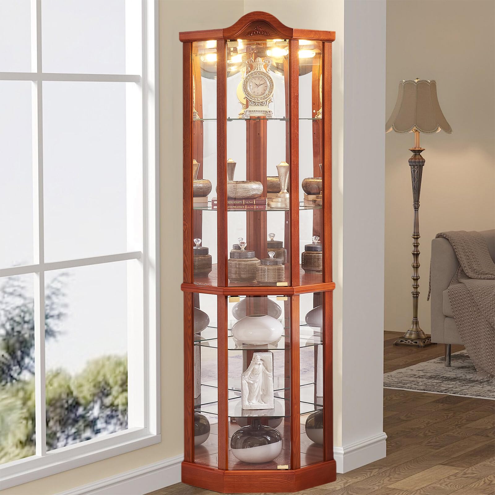 Lighted Corner Display Curio Cabinet with Tempered Glass Door - Wooden Curved Shelving Unit for Bar and Liquor Storage (6 Adjustable Shelves) - Ashfield & Oak Finish - Perfect for Living Room, Dining Room, or Home Bar Decor