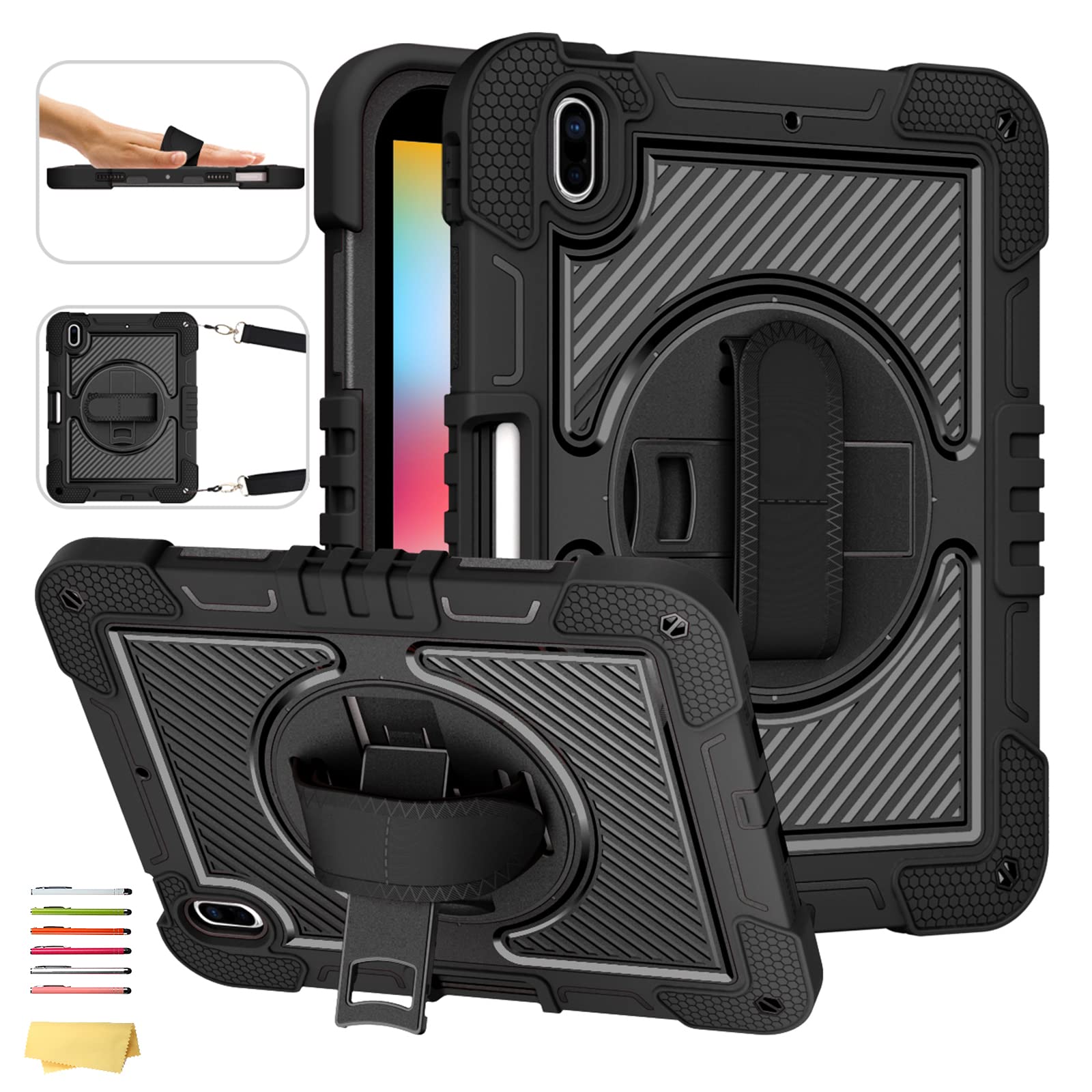 **Apple iPad 10th Gen Case 10.9 inch (2022) - 360° Rotating Kickstand with Pencil Holder, Hand/Shoulder Strap, Shockproof Rugged Cover - Perfect for Work, Travel & Outdoor Use - Black**