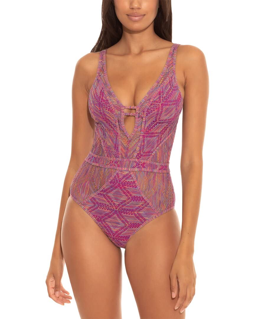 Becca by Rebecca Virtue Women's Mosaic Crochet Plunge One-Piece Swimsuit - Raspberry XS | Sexy Summer Beachwear for Pool Parties & Tropical Vacations