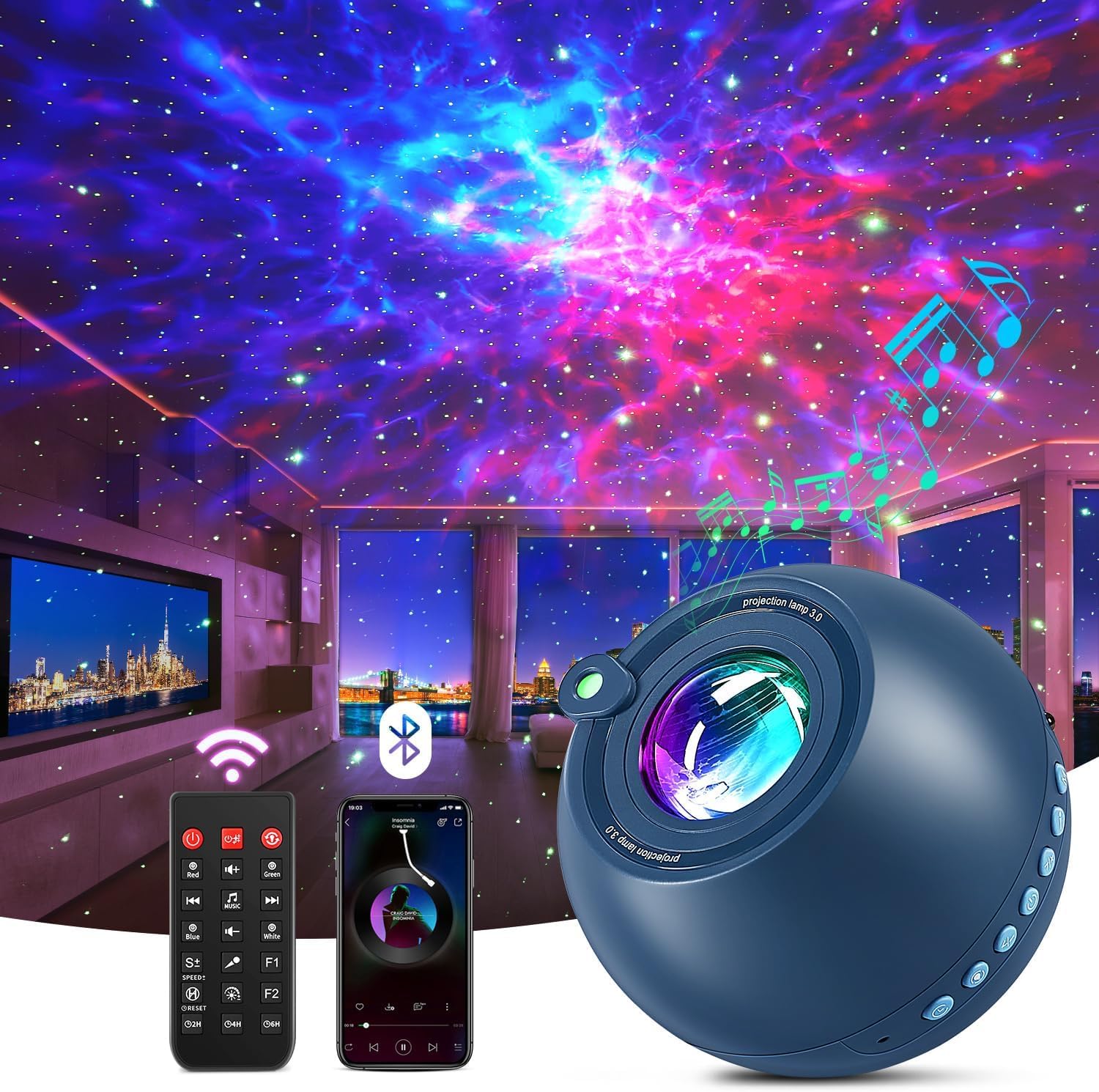 Galaxy Star Projector Night Light with 15 Colors & White Noise, Bluetooth Remote Control Mood Lighting for Bedroom, Kids Room, Meditation & Relaxation - Perfect for Sleep Aid, Party Decor & Home Theater Ambiance