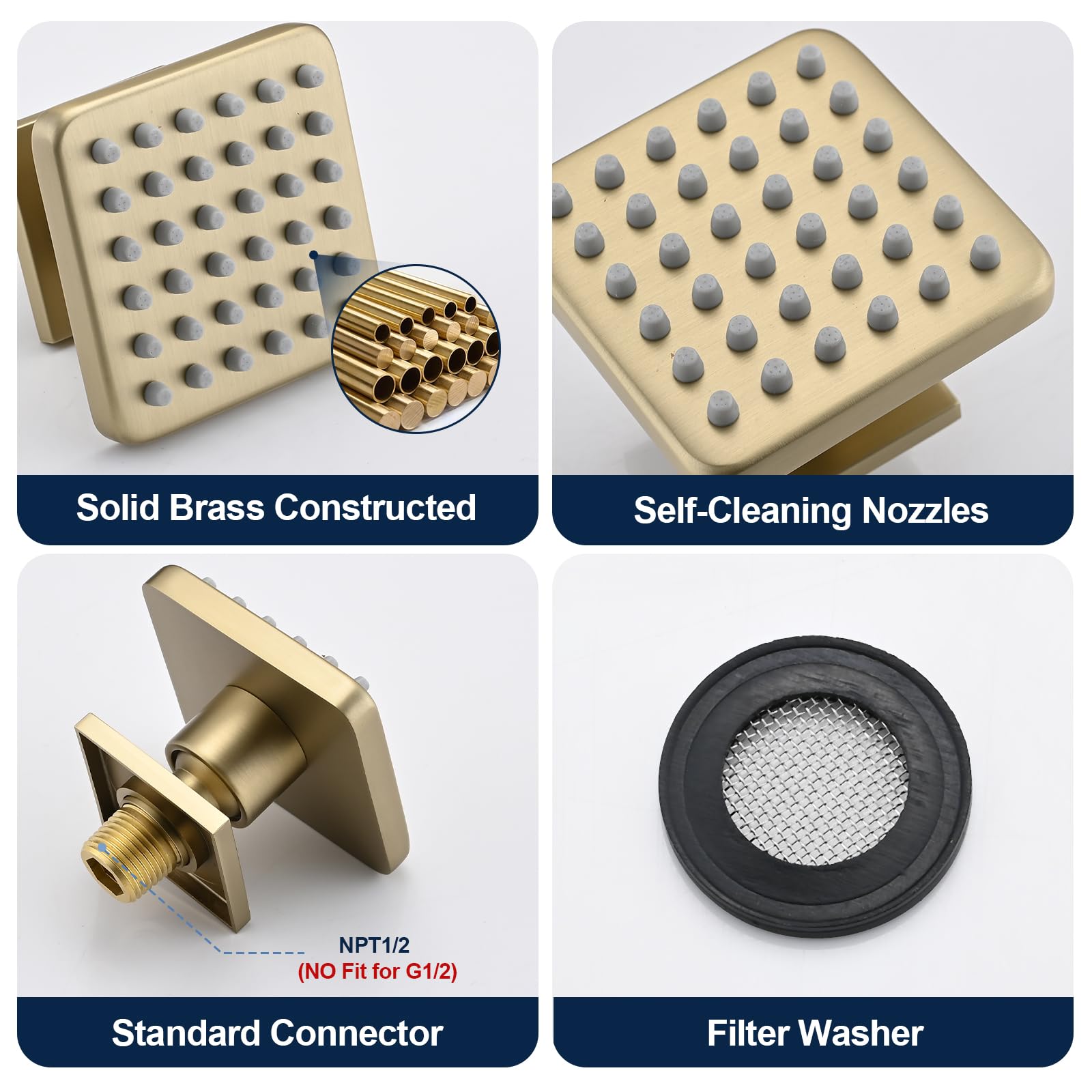Premium Solid Brass Square Shower Body Spray Jets - High Pressure Wall Mount Shower Massage Jets (6PCS, Brushed Gold) for Luxury Bathroom & Spa Experience - Perfect for Relaxation & Hydrotherapy
