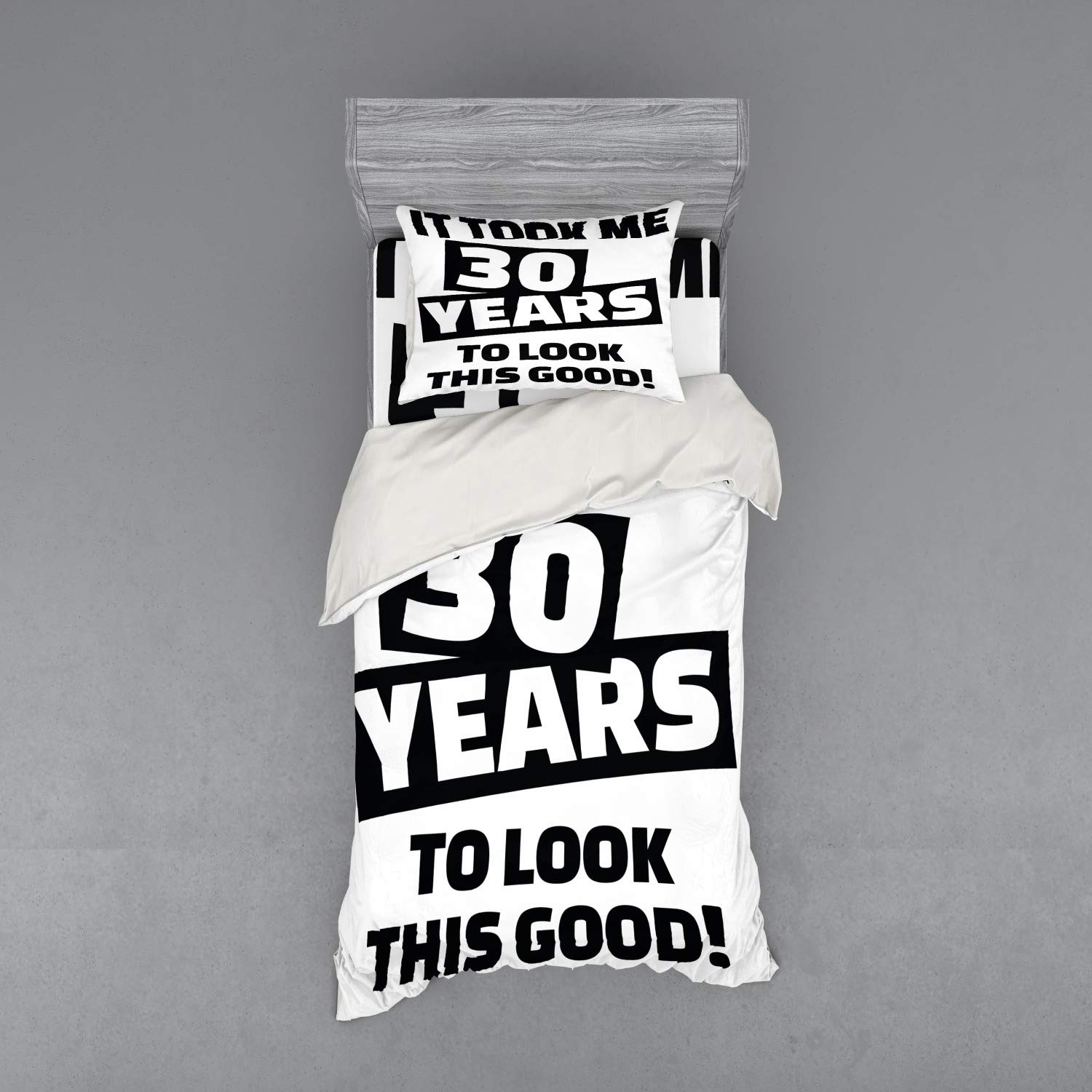 Ambesonne 30th Birthday Duvet Cover Set - Funny Middle Age Theme with Pictogram Slogan - 3 Piece Bedding Set Includes Sham & Fitted Sheet - Twin XL Size Black & White - Perfect for Birthday Gifts & Adult Humor Bedroom Decor