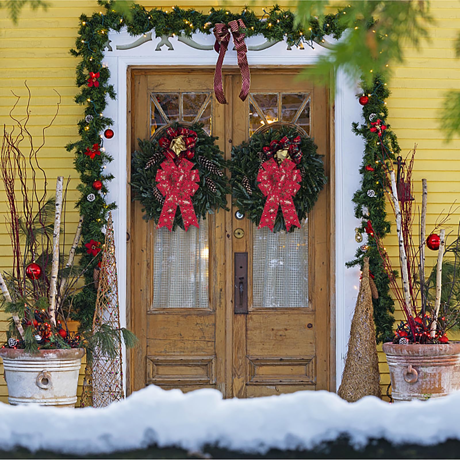 2-Pack Red Velvet Christmas Wreath Bows with Snowflake Design - Festive Holiday Door Decor for Xmas Tree, Winter Wreaths & New Year Home Decoration