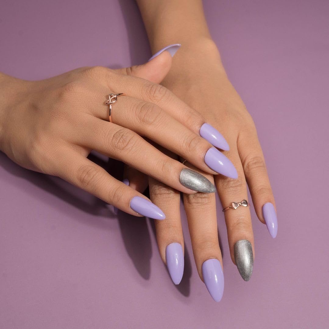 Premium Fake Press-On Nails - Purple with Silver Glitter Set of 20 | Reusable Full Coverage UV Gel Coated Artificial Nails | Easy to Use & Time-Saving | Perfect for Parties, Weddings, Date Nights & Daily Wear | NailKnack® Stick-On Nail Extensions for Both Hands